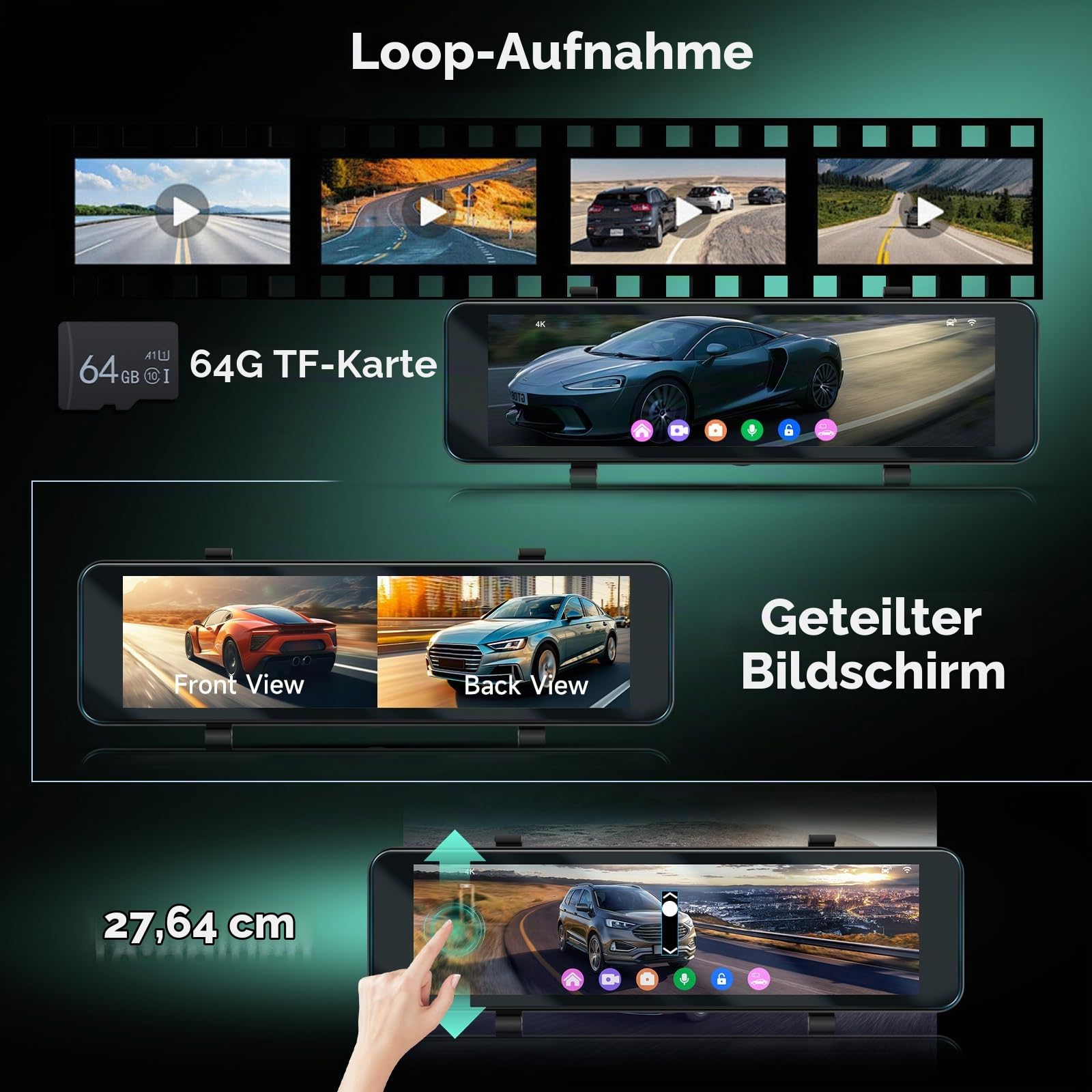 Hodozzy 4K+1080P Rückspiegel Dashcam Auto, GPS ADAS BSD WLAN & App, 10,88 Zoll Touchscreen Spiegel Dash Cam Vorne und Hinten mit Rückfahrkamera, Parkmodus, G-Sensor, Loop, Nachtsicht, 64GB TF Karte
