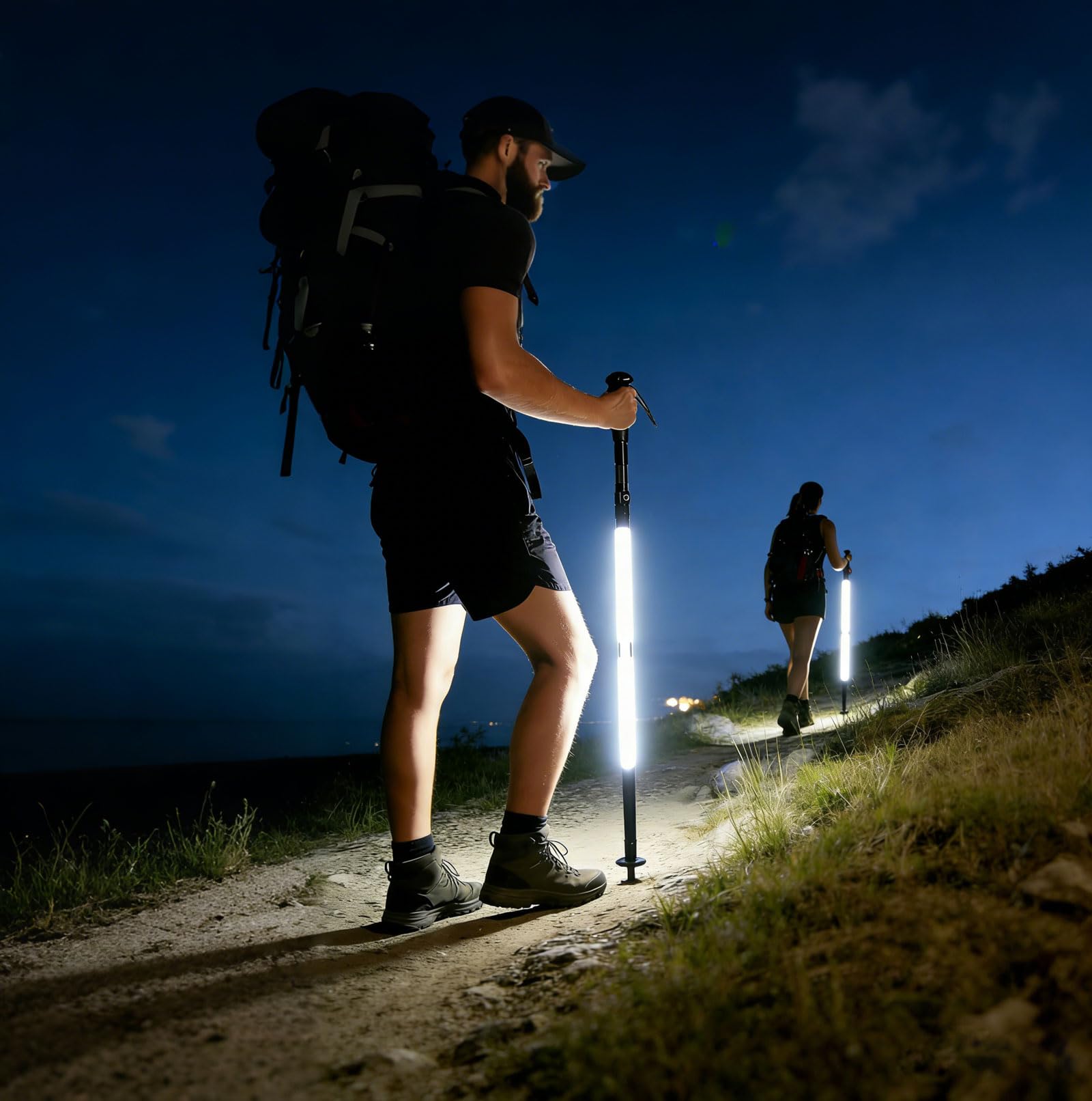 Bastoni da trekking ricaricabili a LED, pieghevoli, con torcia staccabile, multi-strumento di sopravvivenza, personale illuminato per campeggio, escursionismo, uso di emergenza