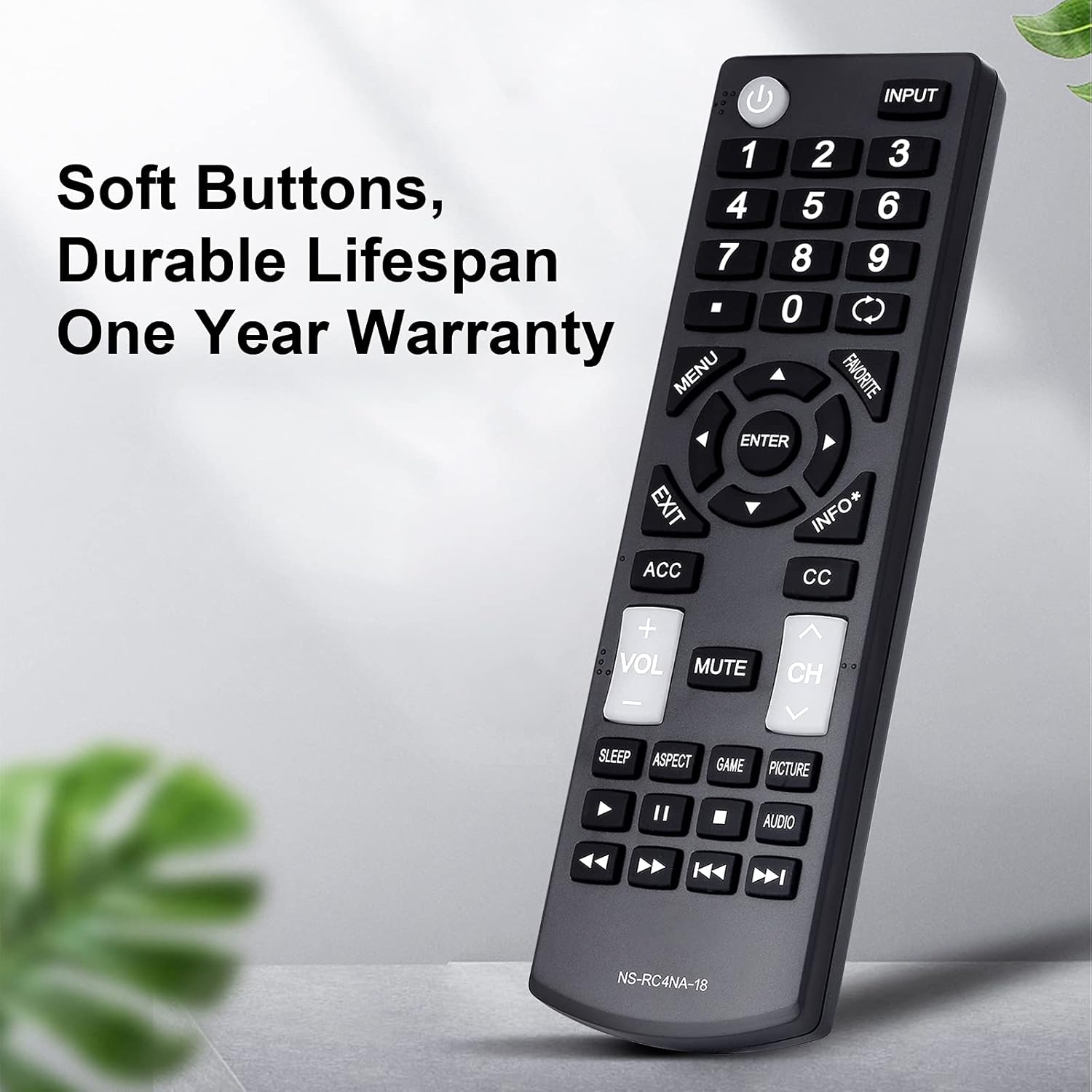 Close-up of the remote control highlighting soft buttons and durable construction
