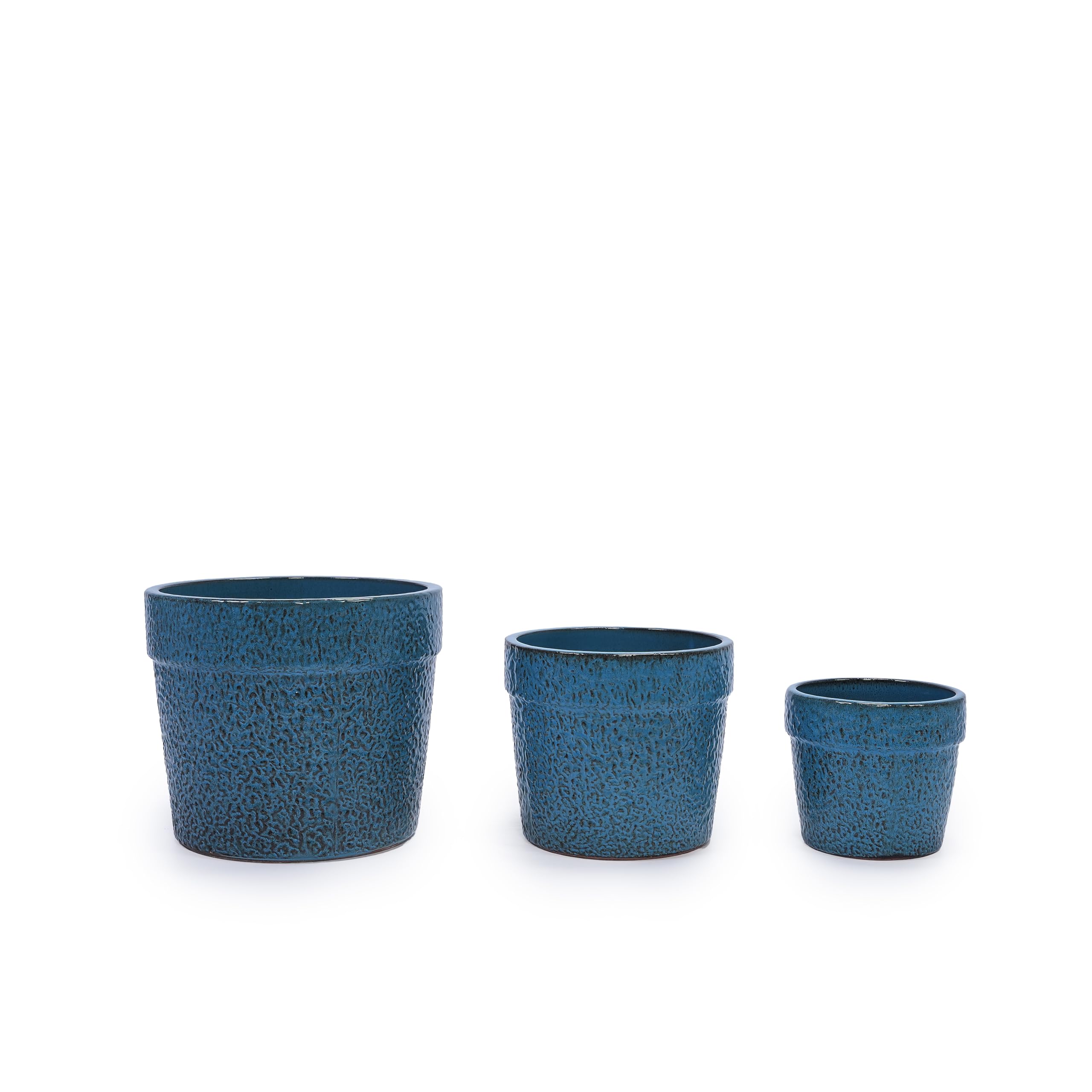 Zestaw doniczek ceramicznych, 3-częściowy, ręcznie wykonany, z niebieską glazurą cętkowaną, Ø 38/30/23 cm, otwory odpływowe, odporne na mróz, do użytku wewnątrz i na zewnątrz, do sukulentów