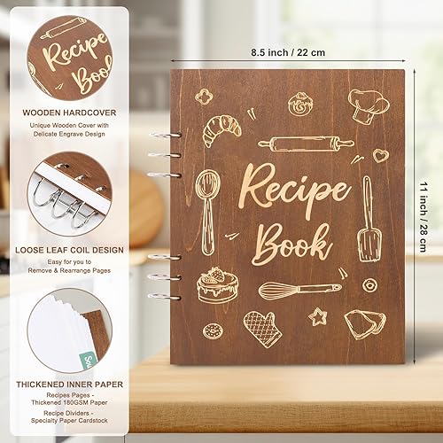 Miniatura 2 de Creawoo Libro de recetas de madera para escribir en tus propias recetas, carpeta de recetas en blanco personalizada, libro de cocina, recetas
