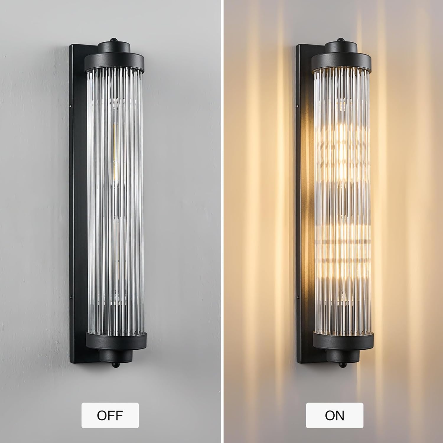 Black Wall Sconces with Crystal Glass Strip Bathroom Sconces 2 Light E12 Base Modern Wall Lights for Bedroom Living Room Hallway Wall Light Fixtures (1 Pack)
