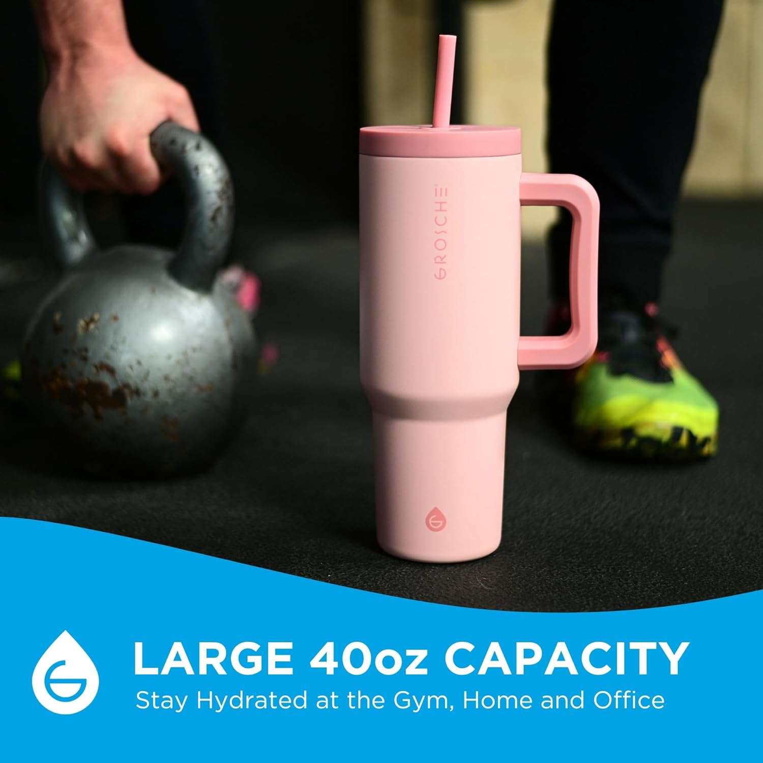 GROSCHE ASPEN 40 oz tumbler with handle and straw. Extreme insulation, classy design, built to last insulated stainless steel tumbler with handle, lid and straw - ROSE PINK - Image 7