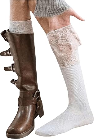 COZYEASE Womens 1 Pair Lace Patchwork Knee High Socks Cute Y2k Boots Socks Stockings