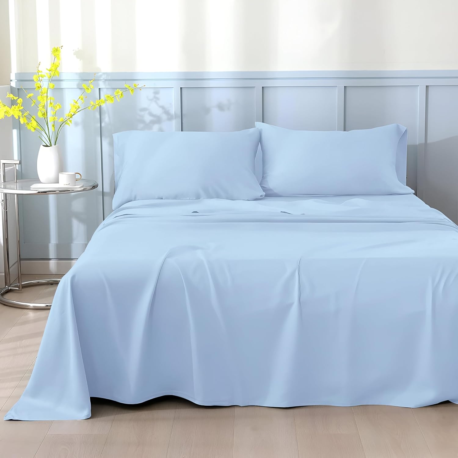 SKY BEDDINGS RV Short Queen Sheet Set - 600 Thread Count, 100% Egyptian Cotton RV Sheet Set - 4 Piece RV Queen Sheets for Campers Bed - Sateen Weave, Hotel Quality, Cooling & Breathable - Light Blue