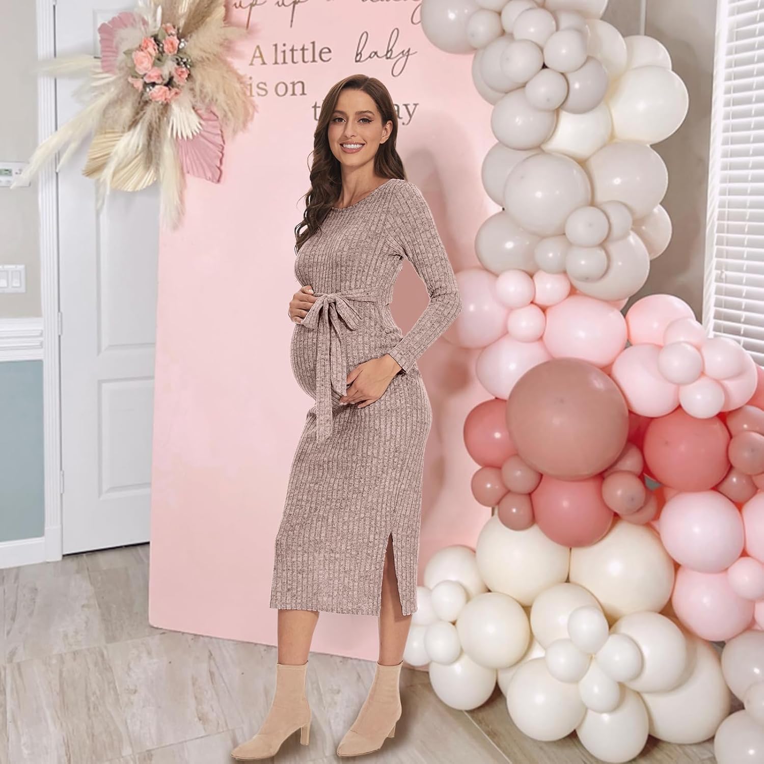 Crewneck Maternity Sweater Dress Rib Knit Long Sleeve Slit Pregnancy Dress Clothes with Belt - Image 3
