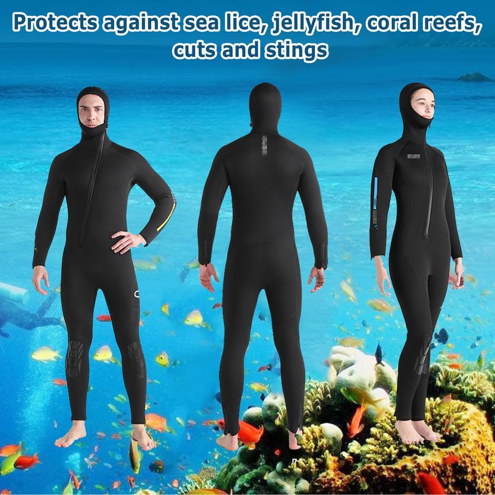 5MM One-Piece Wetsuit Long-Sleeved Hooded Cold-Proof Warm Diving Suit, Anti Jellyfish for Surfing Snorkeling Scuba