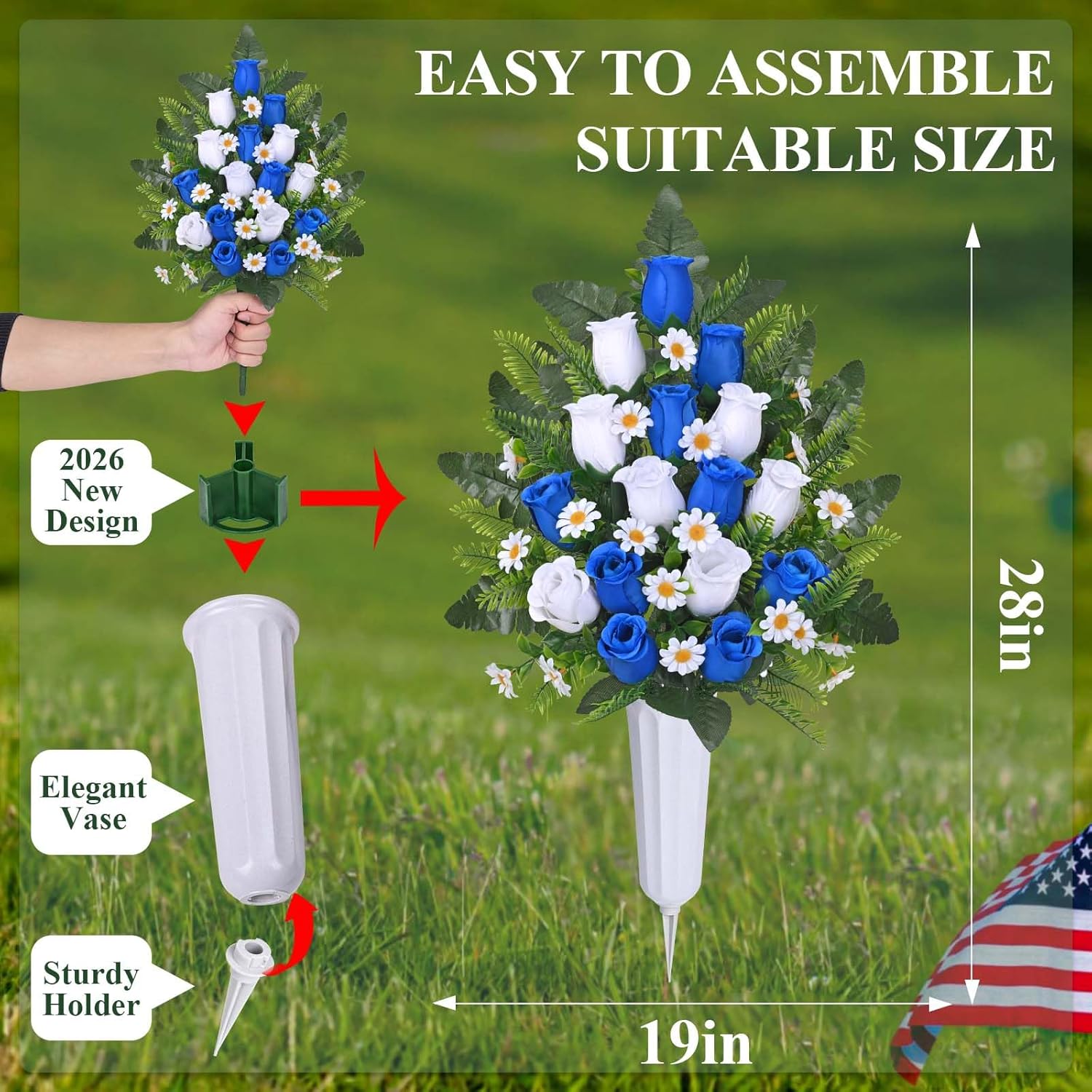 Dolicer 2 Sets Artificial Cemetery Flowers for Grave, Realistic Grave Flowers Memorial Flower UV Resistant Silk Rose Flower with Vase for Cemetery Decorations (Blue, White)