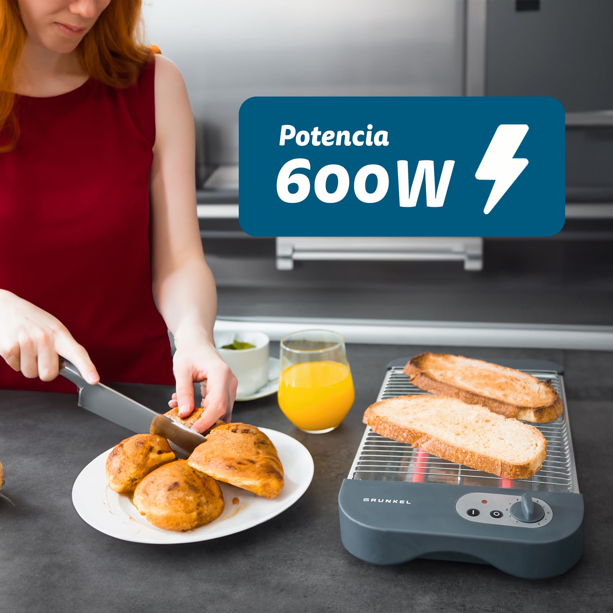 Grunkel - Tostadora de pan plana para 4 rebanadas de 600w con 6 niveles de temporizador y señal acústica de finalización. Incluye bandeja recogemigas extraíble (Básico)
