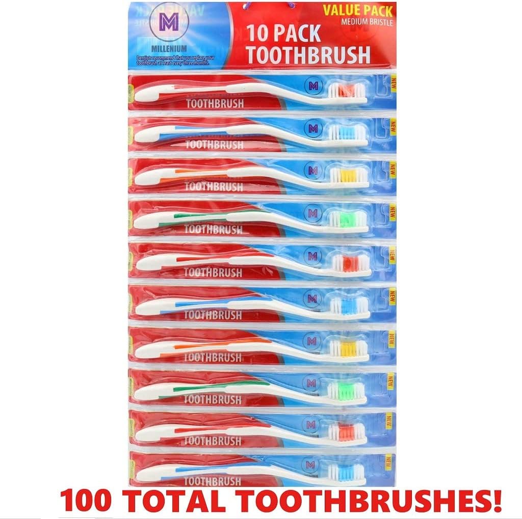 Millennium Bulk Individually Wrapped Standard Medium Bristle Toothbrushes for Travel, Hotel, Guests, Disposable use and More (100 Pack)