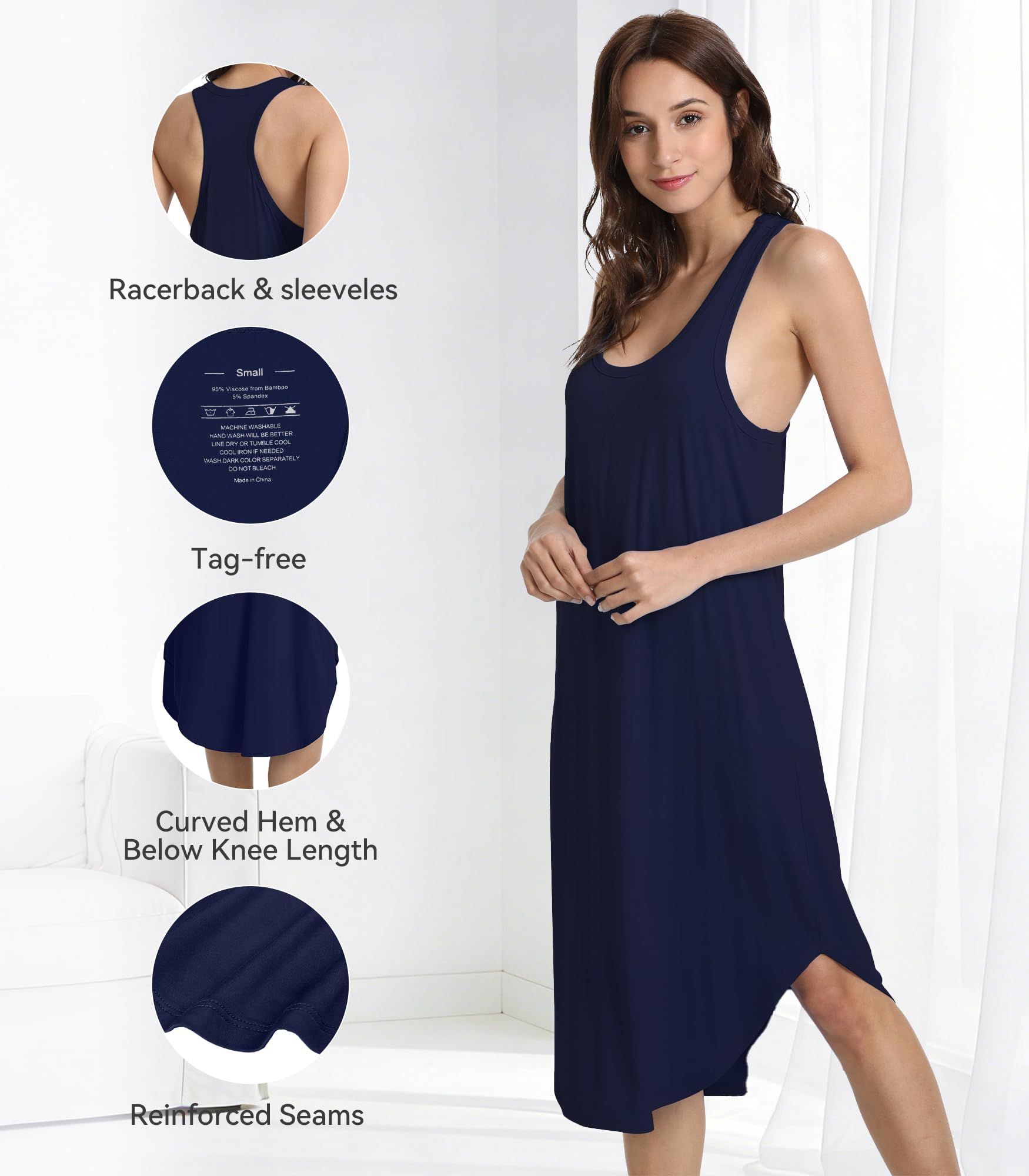 WiWi Soft Bamboo Nightgowns for Women Sleeveless Racerback Pajamas Chemise Nightgown Plus Size Sleepshirts S-4X