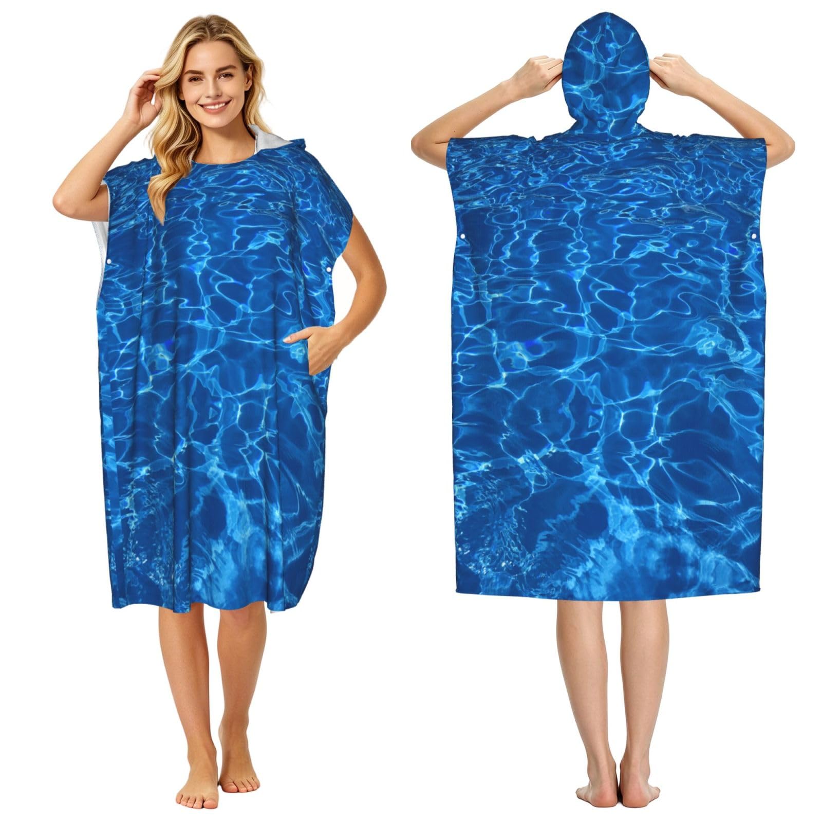 Poadnly Blue Aqua Pool Water Printed, Adult Hooded Beach Towel 90 x 110 cm,Changing Bath Robe, Surf Poncho Towel For Women Men