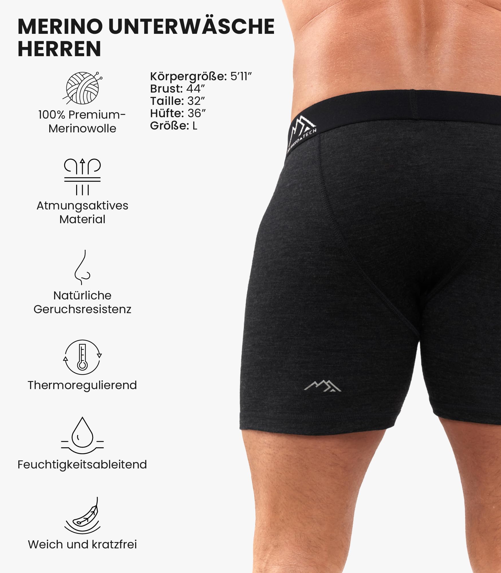 Merino.tech 100% Merino Unterwäsche Herren - Boxershorts Herren Merinowolle, Geruchsfrei Und Feuchtigkeitsableitend