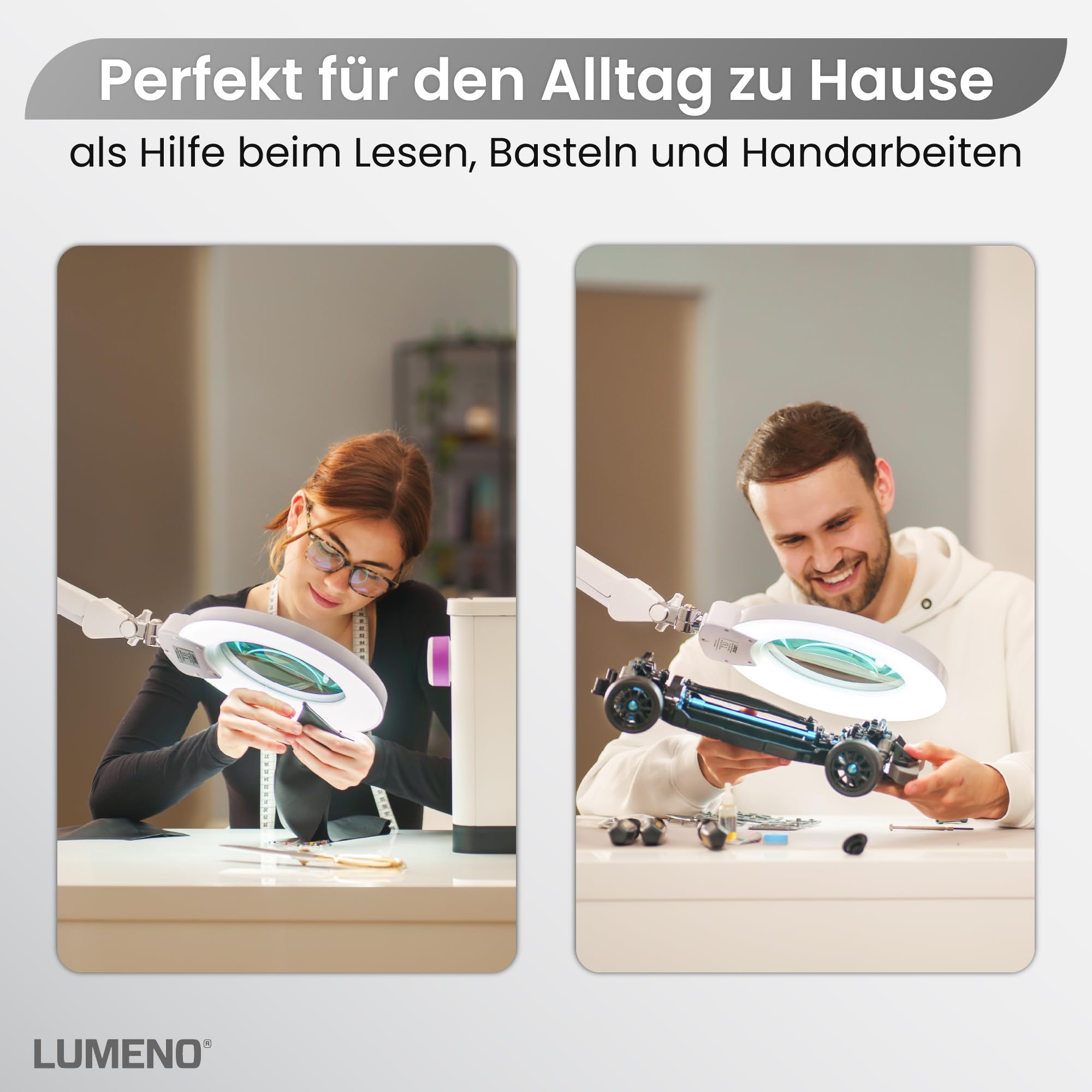Lumeno 8245PRO LED Lupenleuchte mit großer 177 mm Echtglaslinse, dimmbar mit Segementschaltung und robustem Metallgehäuse ideal als Lesehilfe, für Handarbeit, Praxis Fußpflege, 5 Dioptrien