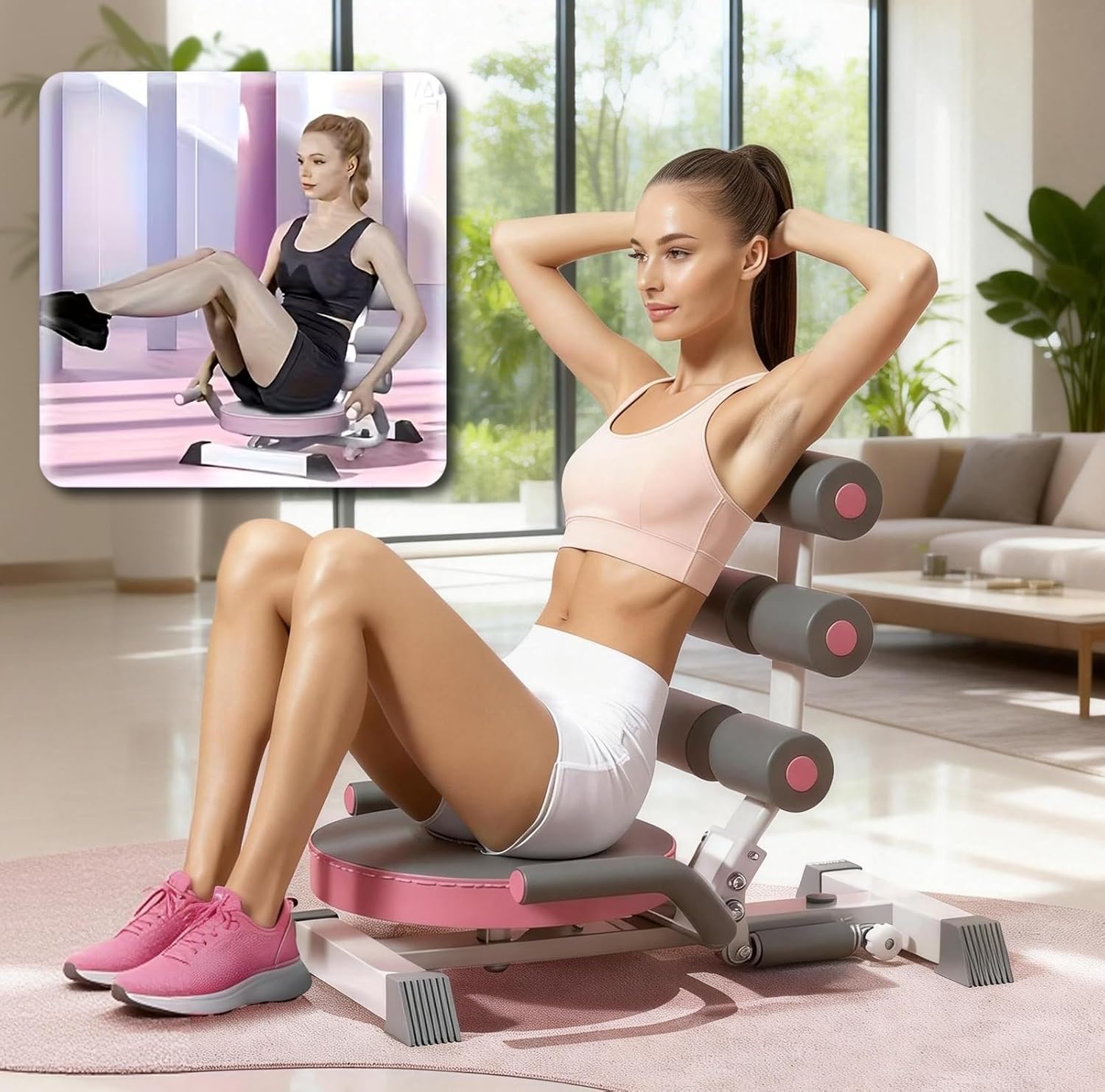 Ab Machine with 360° Rotating Disk, Portable Foldable Sit Up Exercise Equipment for Core & Stomach Training, Space-Saving Ab Trainer for Home Workout for Women