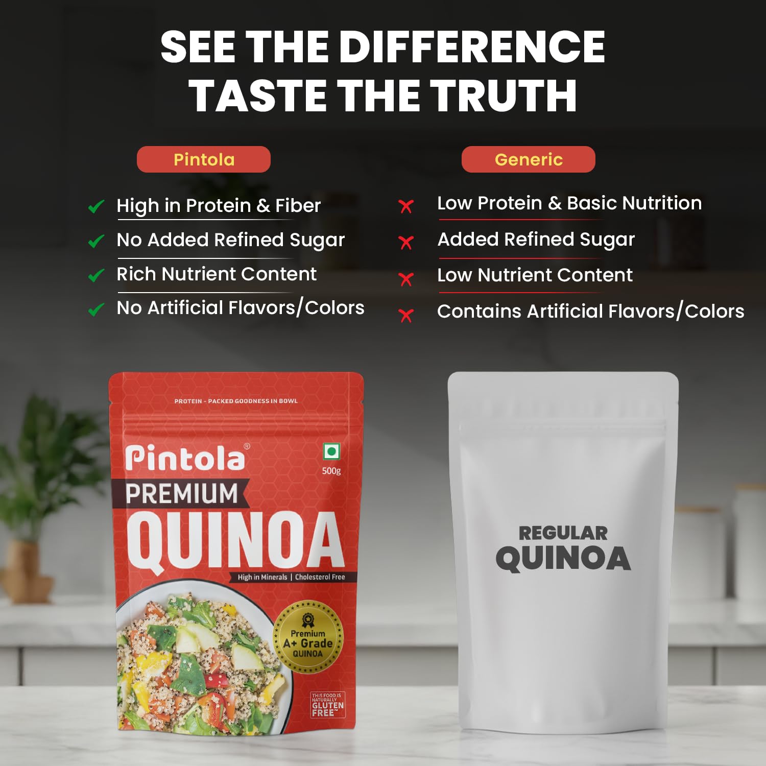 Pintola Premium Quinoa 1kg, Cereal for Breakfast, High in Protein & Dietry Fibre, Minerals, Cholesterol-Free, Gluten-Free Quinoa Seeds Diet Food for Weight Management (1kg) 1