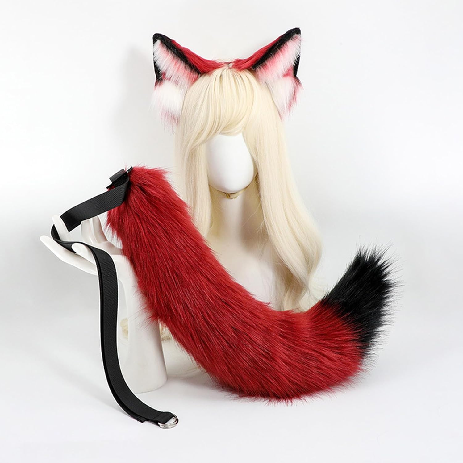 2 Pcs Wolf Fox Ears and Tail Set Furry Therian Tail and Ear, Cat Ear Wolf Tail Cosplay Costume Wolf Ear Headband and Tail Set for Halloween Christmas Women Men Red - Image 2