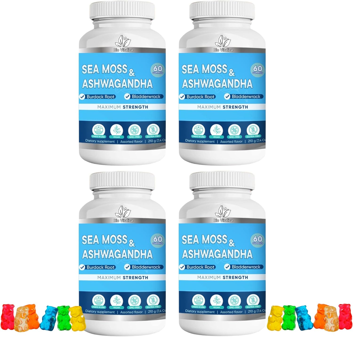 BIO VITALICA Sea Moss Ashwagandha Gummies - Organic Irish Seamoss & Ashwa Root Powder Supplements for Supporting Energy & Immunity for Men and Women - 4 Packs