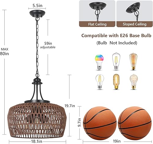 Miniatura 10 de HMVPL Candelabros grandes de granja para comedor, lámpara de araña bohemia de ratán de 5 luces con pantalla de mimbre, iluminación colgante colgante