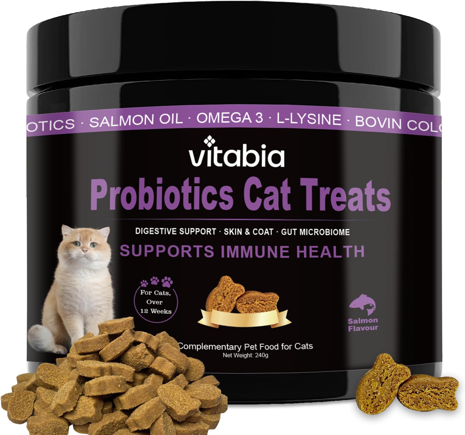 Probiotics for Cats with Lysine, Omega 3 Fish Oil & Vitamins | Cat Treats for Itchy Skin, Allergies and Flea Treatment | Digestive Health & Immune Support | Cat Food Supplements (120 Count)