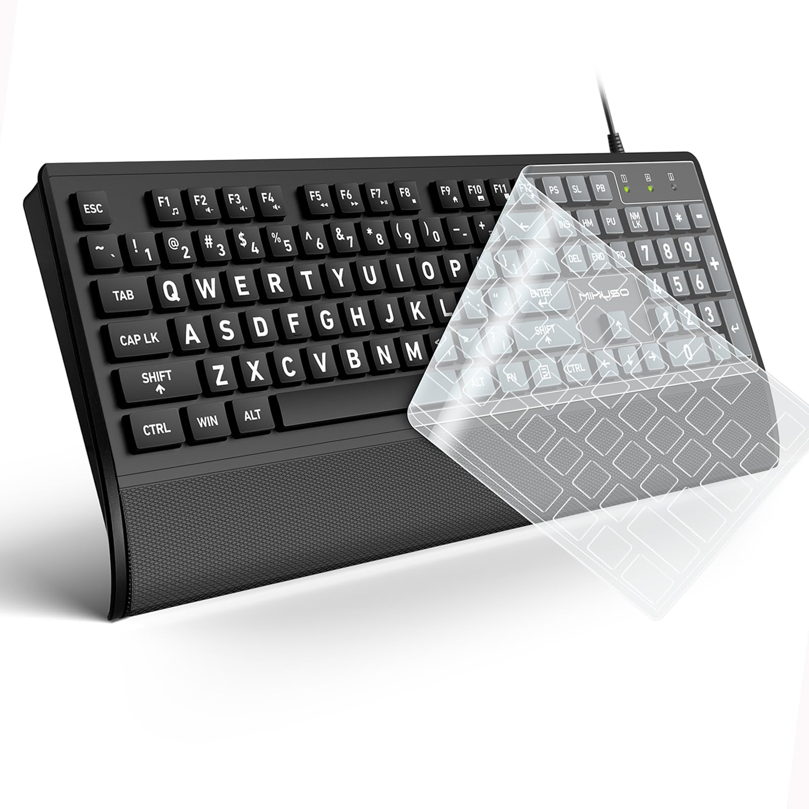 Grande tastiera per computer, con cavo, USB, con coperchio, poggiapolsi, lettere chiave sovradimensionate per ipovedenti e ipovedenti, facile da vedere e digitare per laptop, PC, Windows