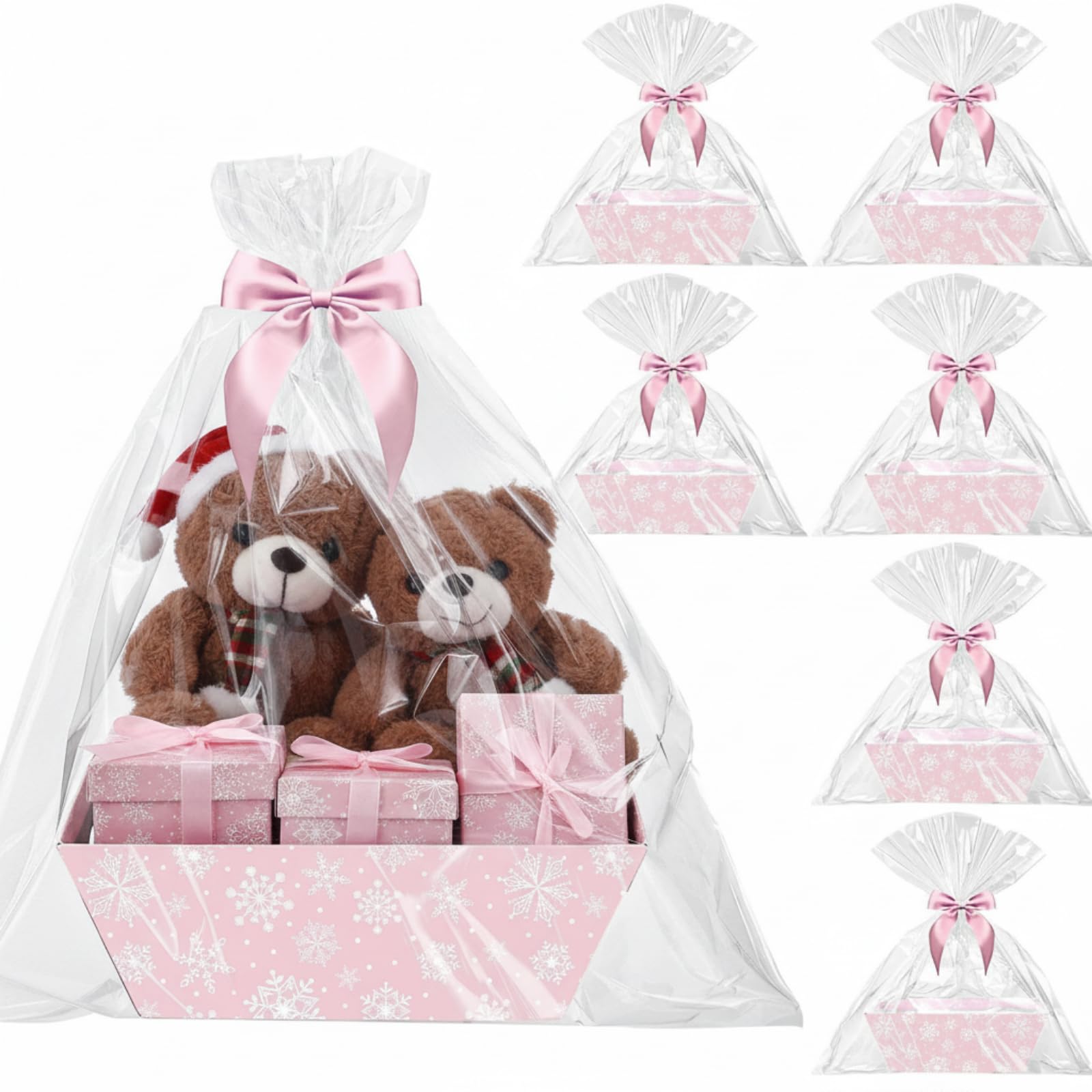 Cinnvoice Paquete de 6 cestas de Navidad vacías para regalos, cestas de Navidad vacías con bolsas, lazos, cintas, cestas de regalo a granel, bandejas con asas para Navidad, vacaciones, fiestas de