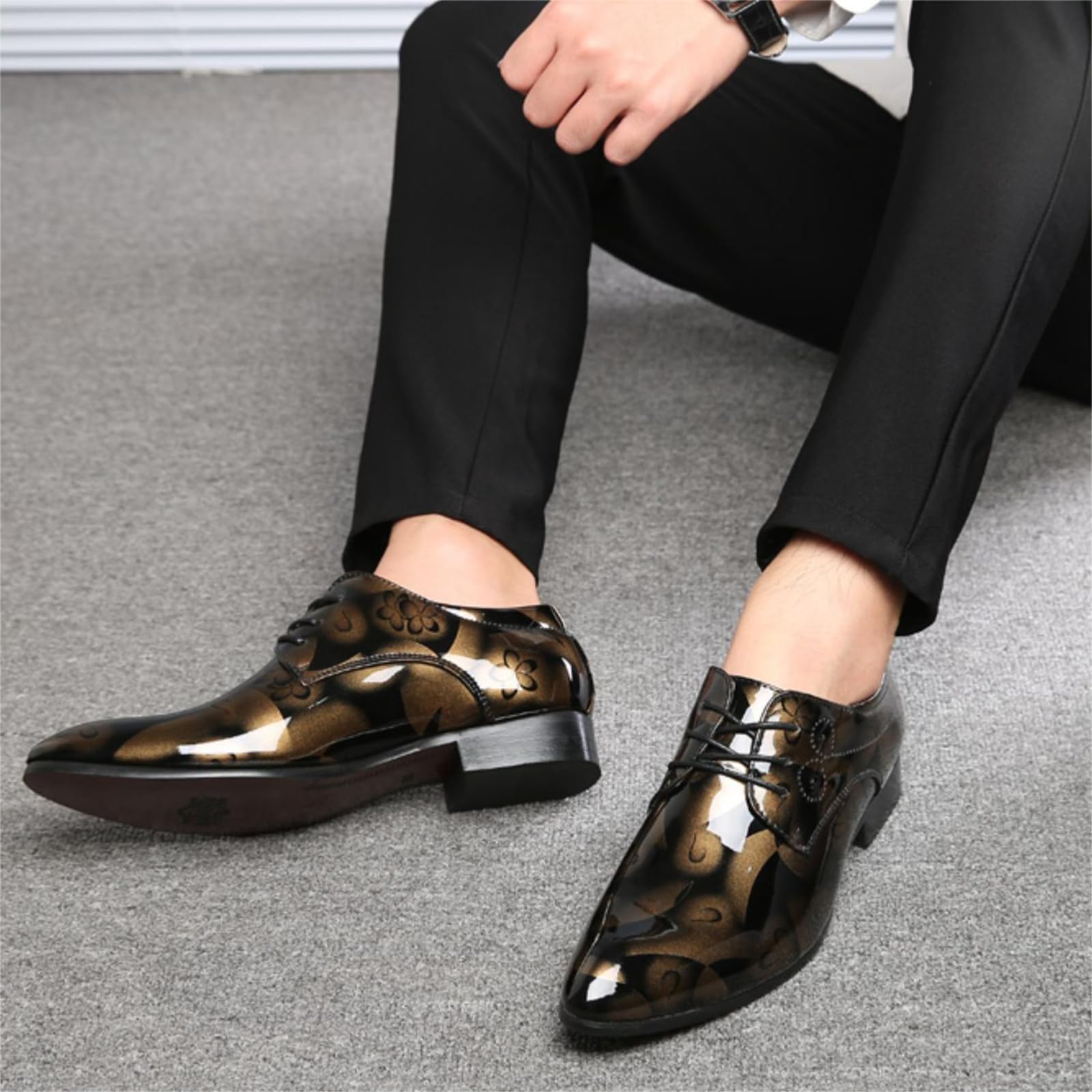 Hitmars Buty Oxford dla mężczyzn Derby buty męskie formalna sukienka biznesowa sznurowane buty skóra lakierowana oddychające klasyczne wsuwane półbuty złote 1, 9 UK (Gloi-GH1-GD44-bro), Złoty 1, 41.5