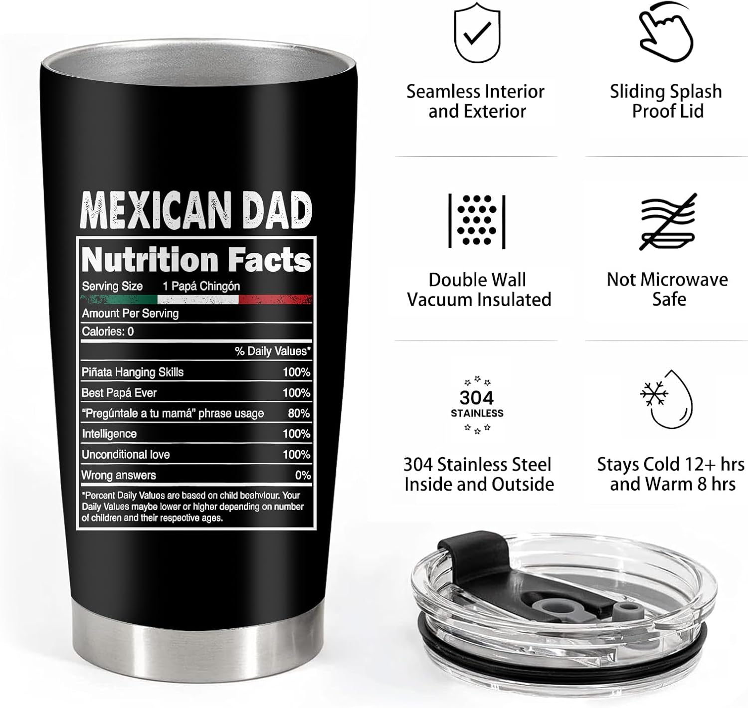 Regalos Para Papa, Regalos Para Papá En Español, Regalo Para El Dia Del Padre, Mexican Dad Stainless Steel Insulated Tumbler with Lid and Straw 20Oz - Image 3