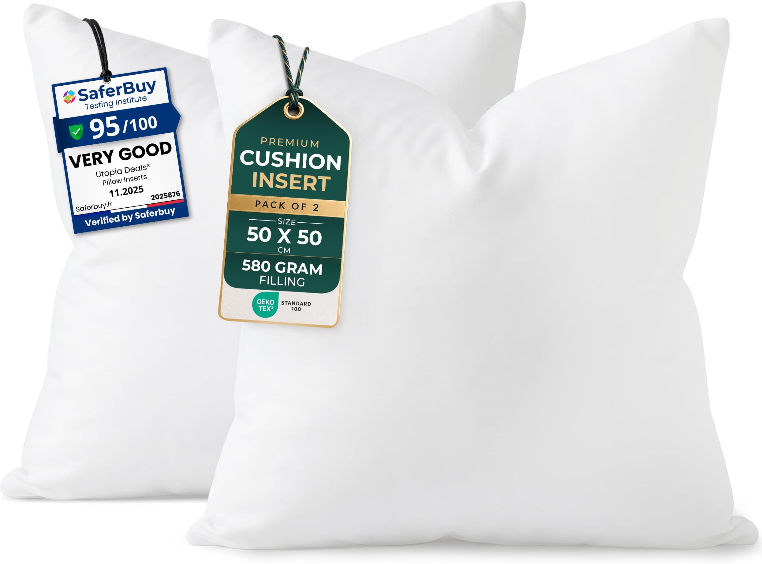 Utopia Bedding Cushion Inserts 50cm x 50cm (20x20 inch) Pack of 2 Hollowfibre Inner Pads for Sofa or Bed – White Cushions Fillers