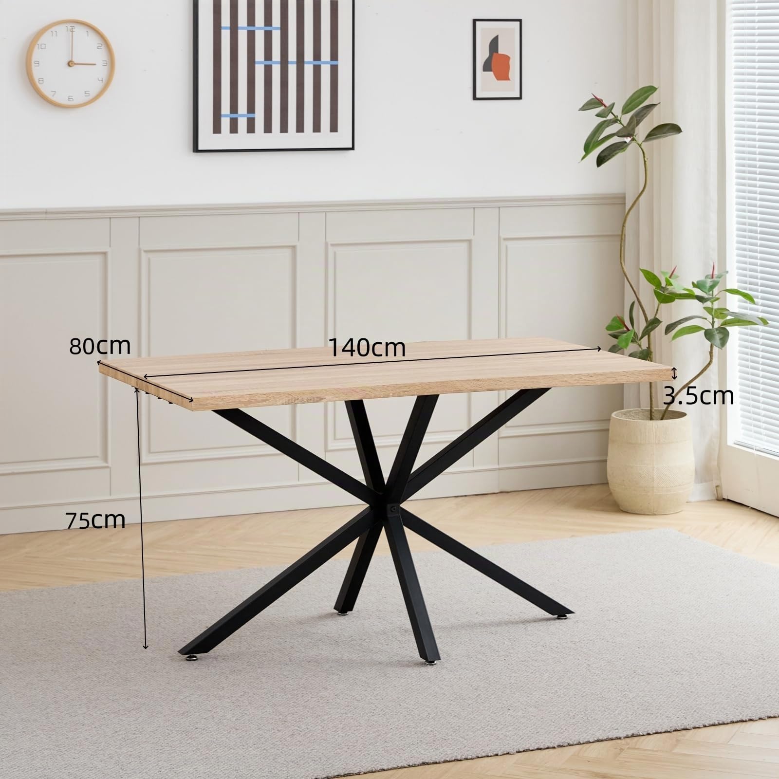 GrandCA HOME Mesa de Comedor de 140 cm, Moderna Mesa de Cocina Minimalista, Cuatro Patas de Metal, Ideal para Sala y Comedor, Marrón Claro