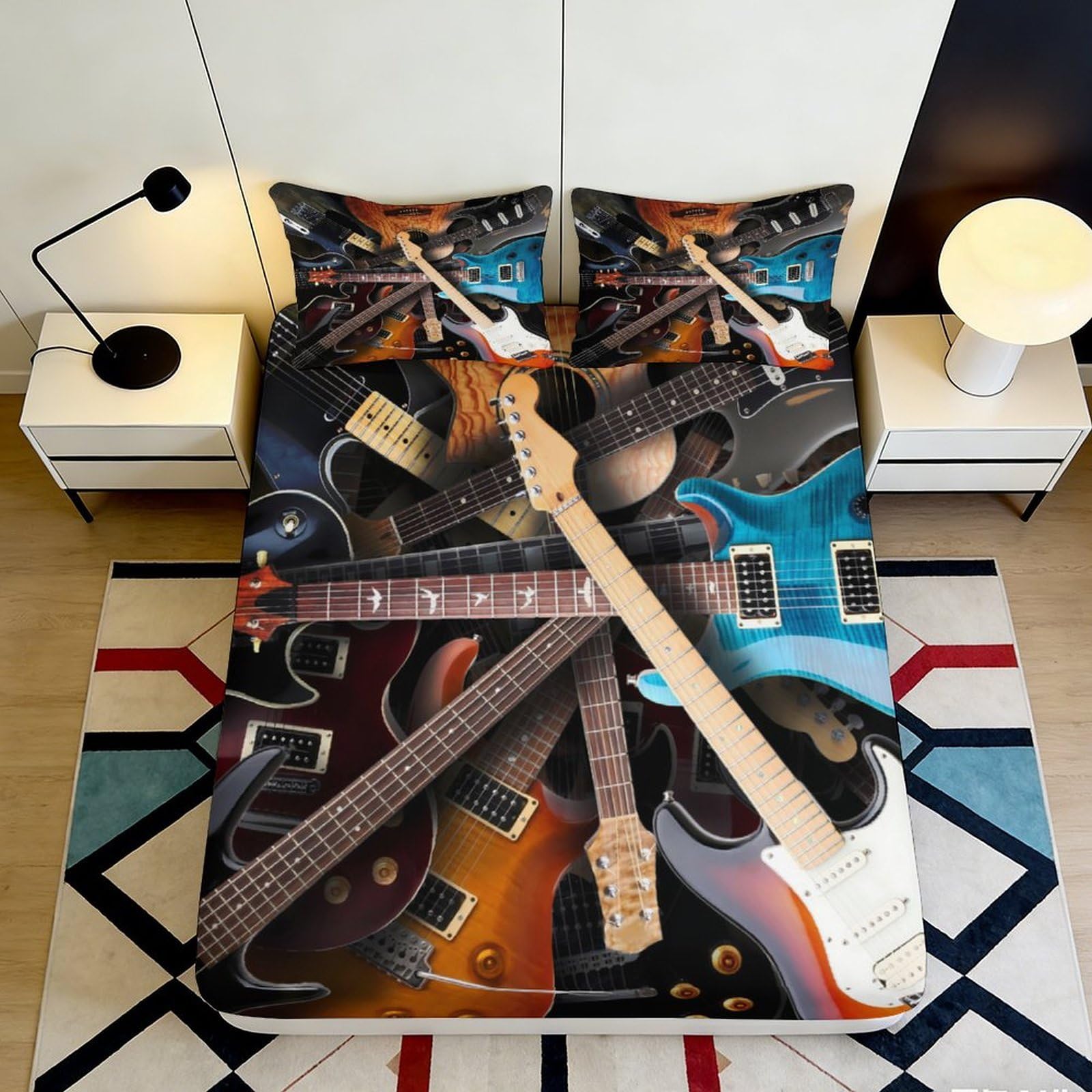 Pnayamiorkfel Style-2 3D Printed Electric Guitar Fitted Sheet Microfiber Soft Breathable Music Theme Bed Cover For Bedroom Guest Room 90X200x25cm