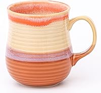 HYTYSKAR 21oz Handmade Ceramic Coffee Mug - Large Pottery Tea Cup with Handle, Unique Striped Glaze, Microwave & Dishwasher Safe (Orange)