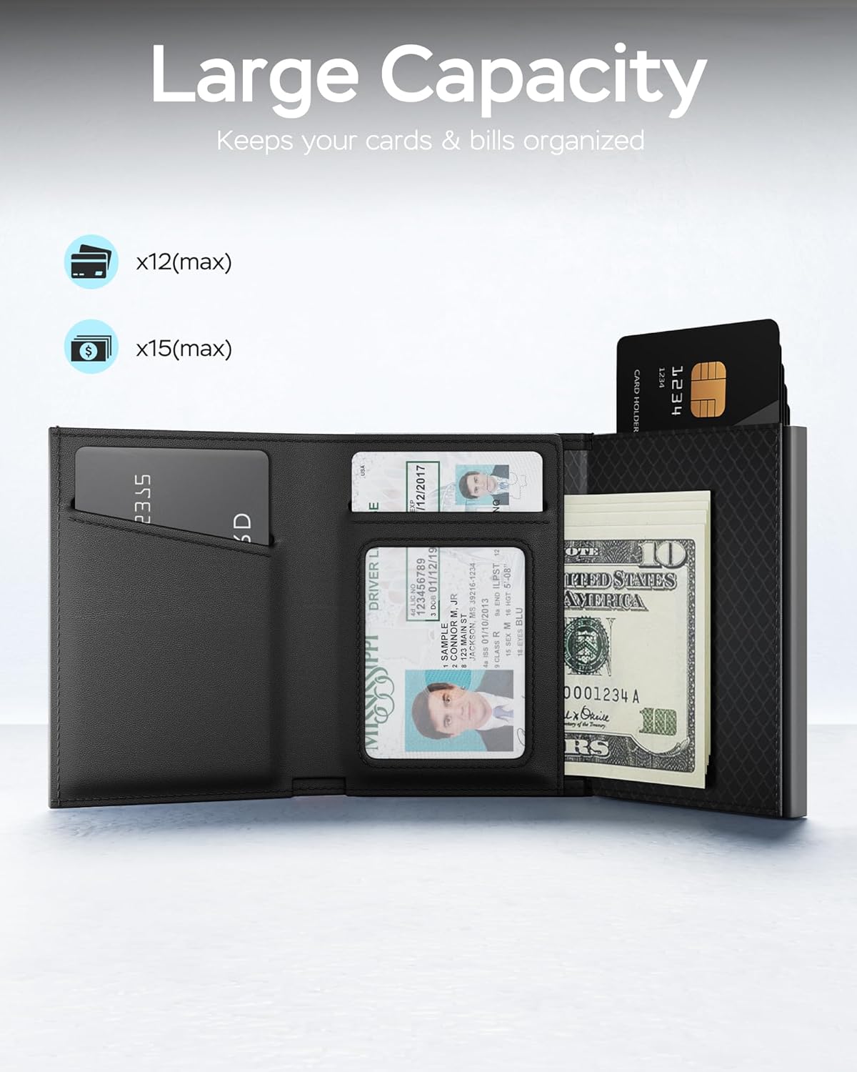 RFID Wallet for Men Compatible with AirTag, Slim Mens Wallet for Air Tag Smart Pop up Card Holder, Minimalist Wallet with ID Window & Cash Slot, Trifold Compact Metal Aluminum Card Case