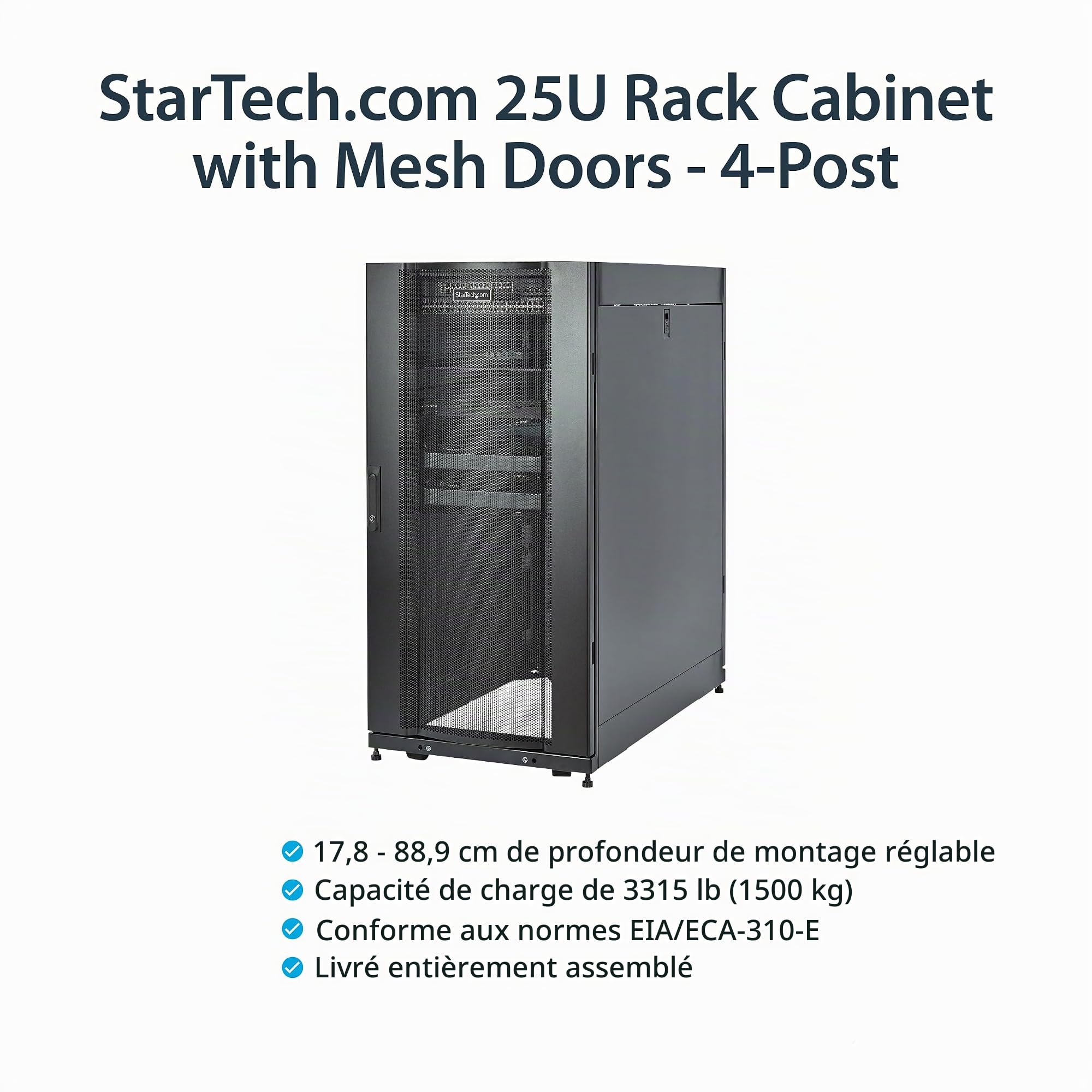 StarTech Armoire Serveur 25U 4 Montants 19", 89cm, 1500kg, Kit (RK2537BKM) | Rack fermé, Gestion des câbles intégrée, Compatible EIA/ECA-310-E, Roulettes