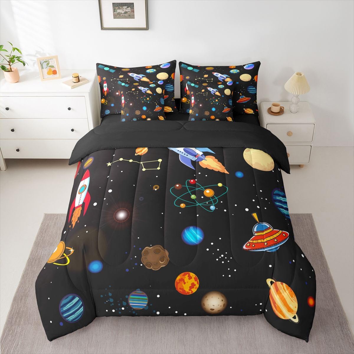 Erosebridal Outer Space Bedding Set King, Starry Sky 7 Pieces Bed in A Bag - 1 Galaxy Comforter, 1 Solar System Fitted Sheet,1 Planet Space Flat Sheet, 2 Pillow Cases, 2 Throw Pillow Covers, Black