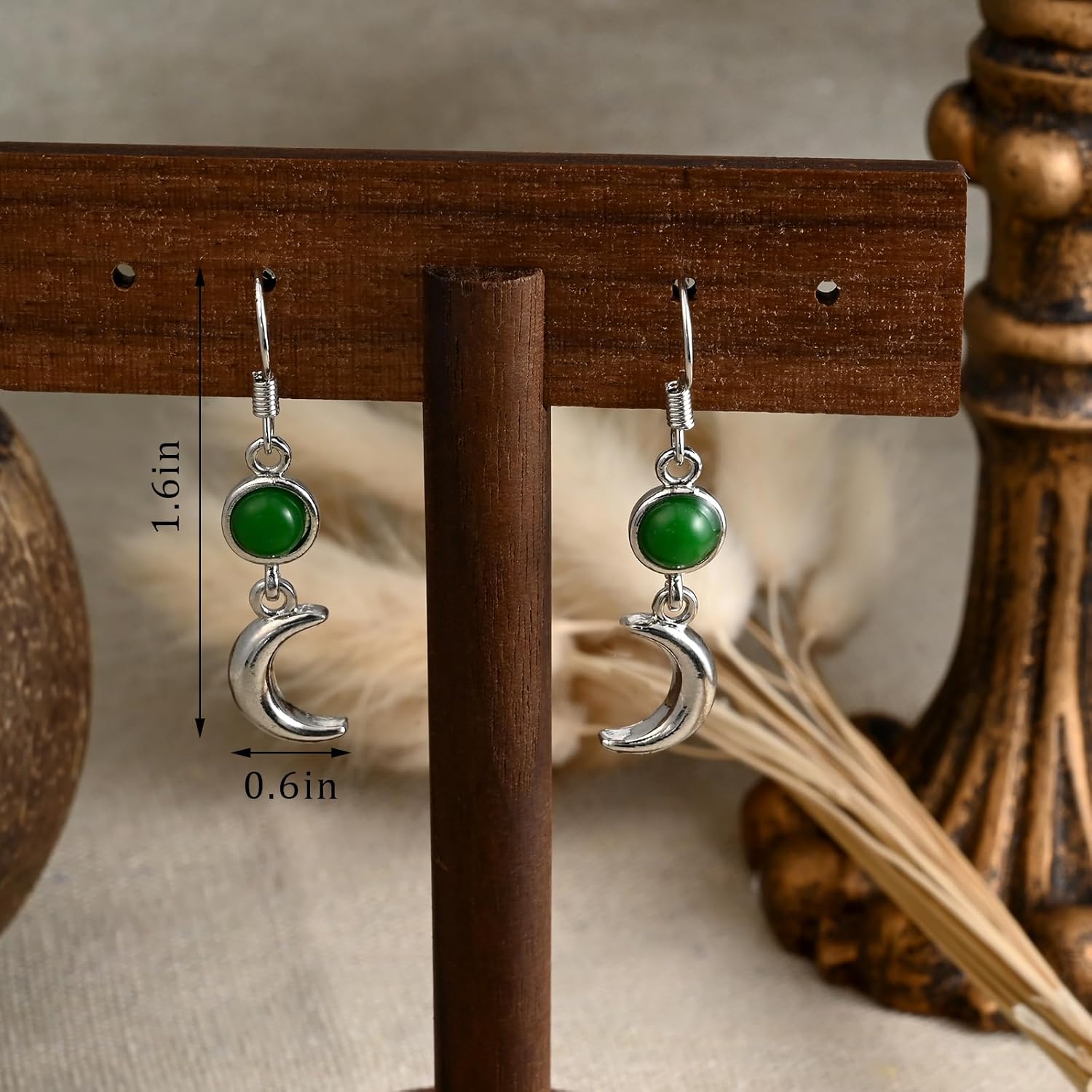 Silver Dangle Earrings for Women with Jade Green Stone and Moon Earrings Boho Style for Western Jewelry - Image 5