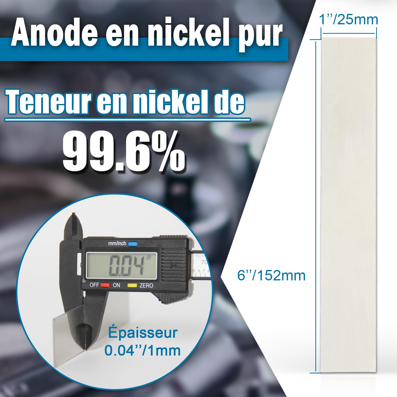 Anode de nickel - feuille d'électrode de nickel pur 152 mm x 25 mm à 99,6%, pour le nickelage de bricolage et l'électrodéposition