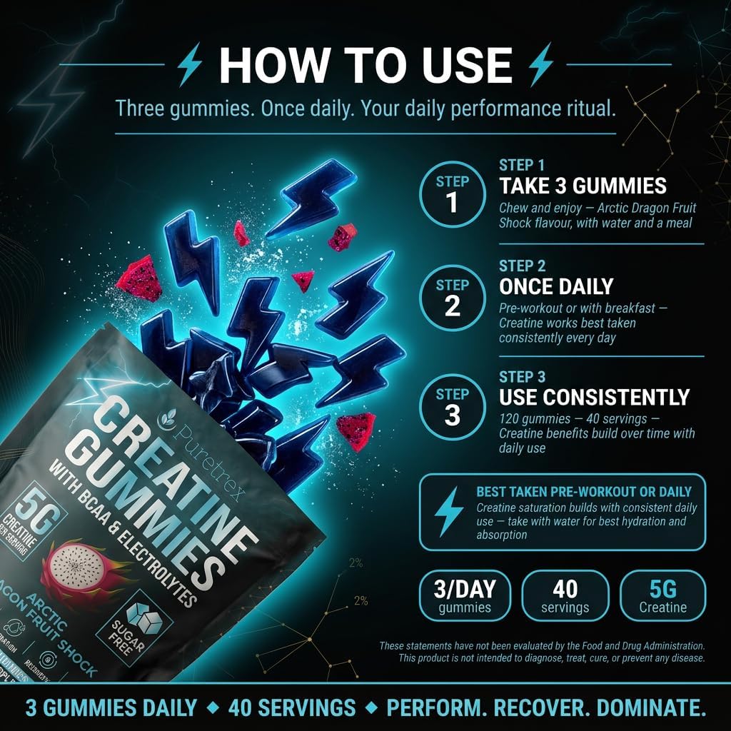 Creatine Gummies with BCAA & Electrolytes, Sugar Free, Arctic Dragon Fruit Flavor, 5G per Serving, 120 Count, Dietary Supplement