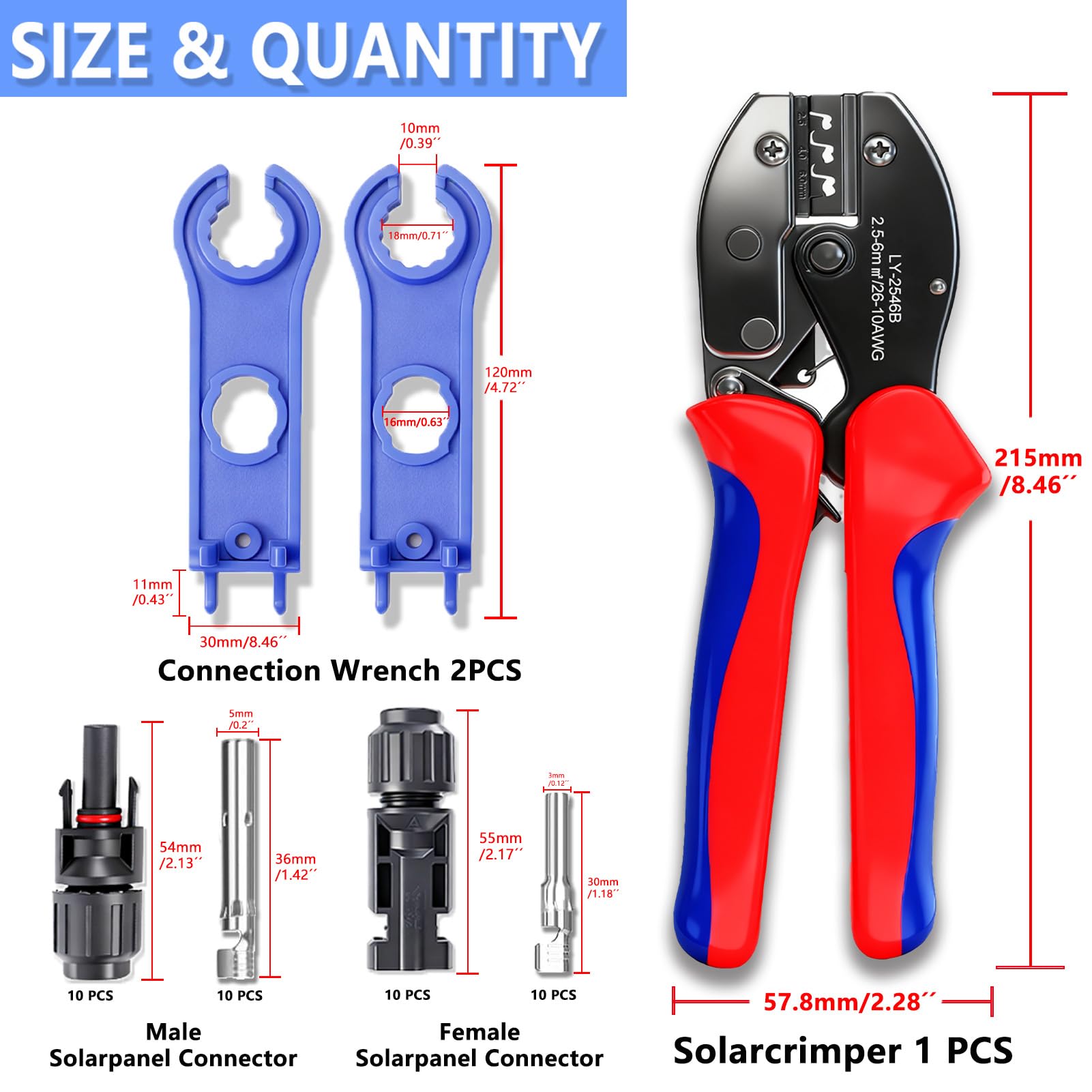 Kit Crimpatura per Impianti Fotovoltaici per 2.5/4/6 mm², con 1 Pinza Crimpatrice, 10 paia Connettori Fotovoltaici, 10 paia Connettori Maschio/Femmina, 2 Chiave, per Impianto Fotovoltaico