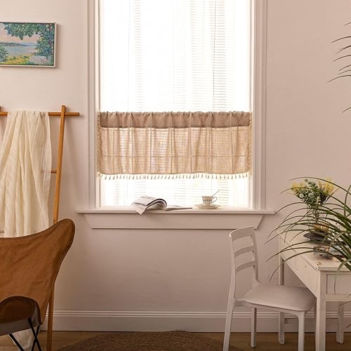 Miniatura 43 de Deeprove Cenefa Bohemia Blanca con Borlas para Decoración de Cocina y Cafetería, Cortinas Cortas de Algodón y Lino Crema Estilo Bohemio Rústico,