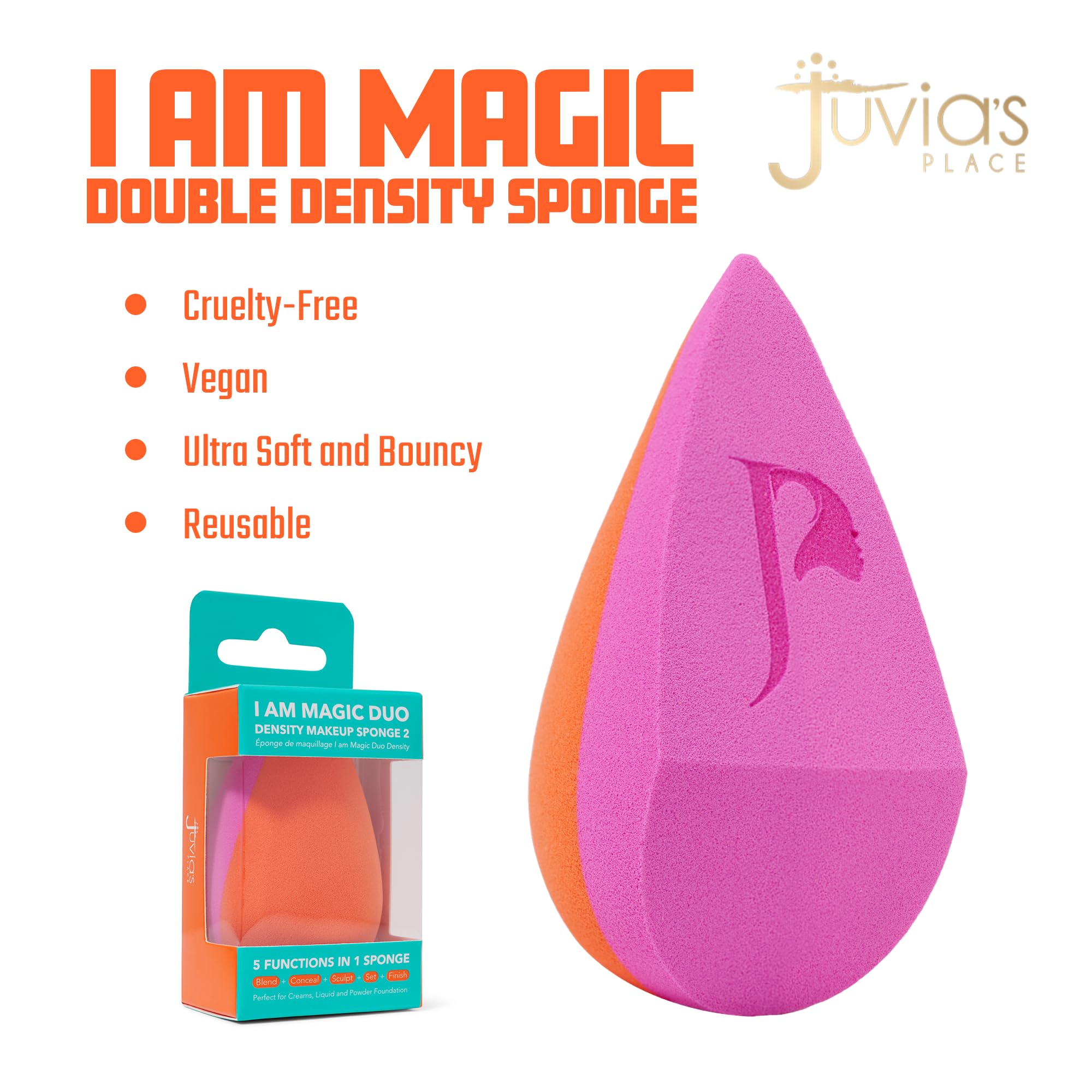 Juvia's Place I am Magic Sponge Orange&Pink - Face Blending Flawless Makeup Foundation Powder Setting Soft Cosmetics Puffs Wedges Travel Essentials Skincare Tools Blenders Blush Beauty Accessories