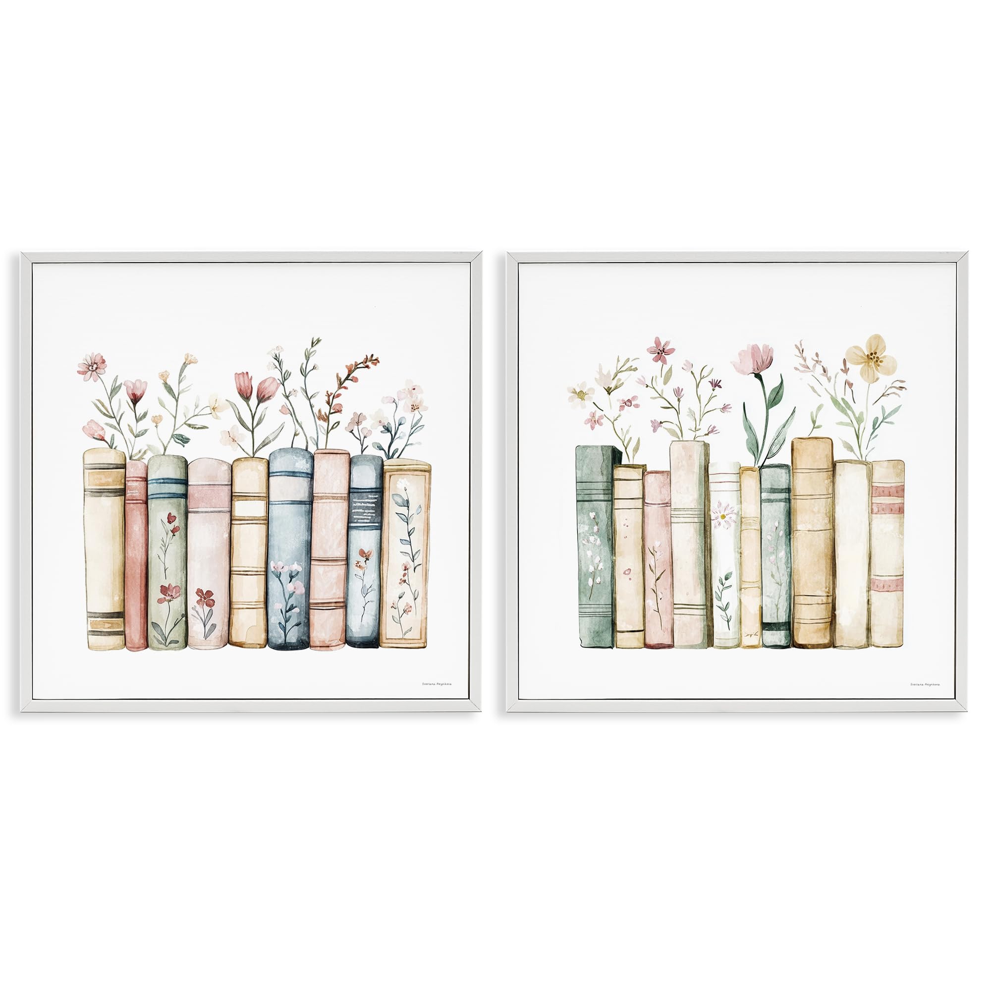 Stupell Industries Coastal White (Textured) Floral Book Still Life, 24 X 24 Inch Framed Giclée Print Set
