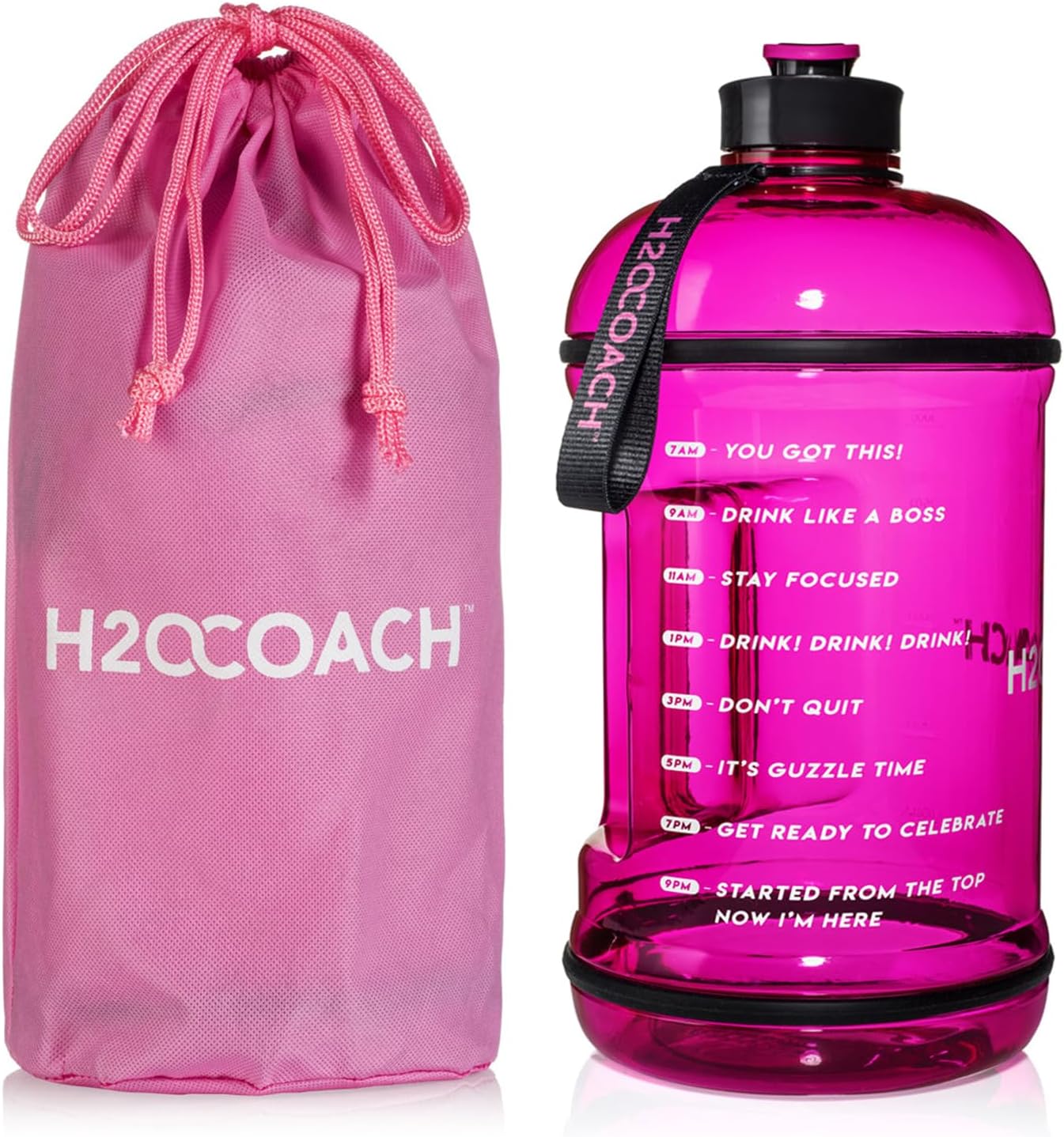 H2OCOACH 1 Gallon Hydration Jug with Time Marker & Measurements, BPA-Free Tritan Sports Drink Container, Motivational Daily Intake Tracker for Gym, Workout, & Fitness Routines (128 oz, Pink)