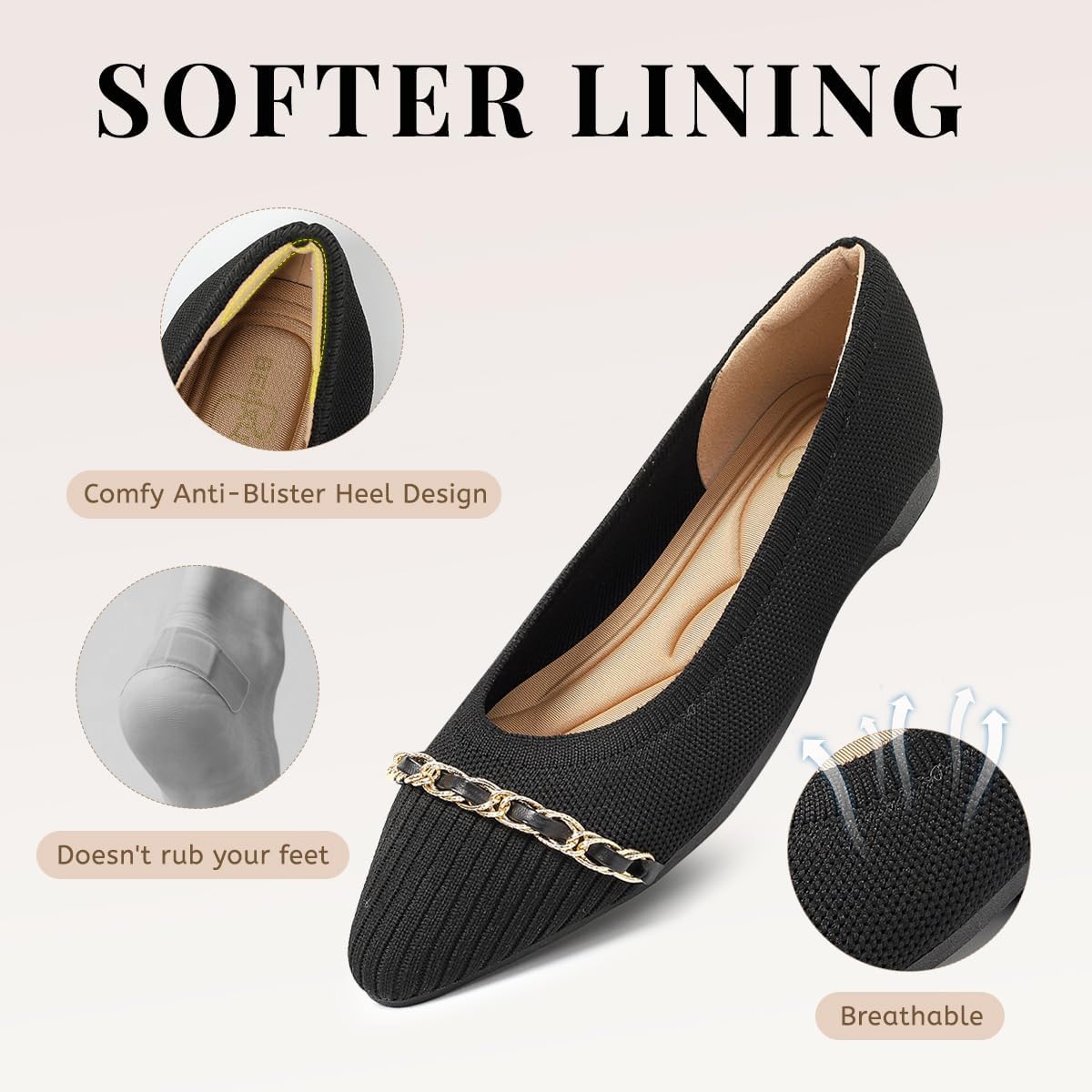 All-Day Comfort Knit Flats for Women - Pointed Toe Ballet Shoes with Metallic Chain Detail & Arch Support | Dressy & Casual Slip-On for Work, Office - Image 5