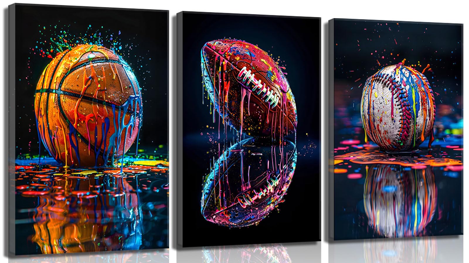 3Pcs Graffiti Sports Canvas Wall Art Boys Room Rustic Football Baseball American Football Rugby Wall Decor Pictures Colorful Modern Poster Prints for