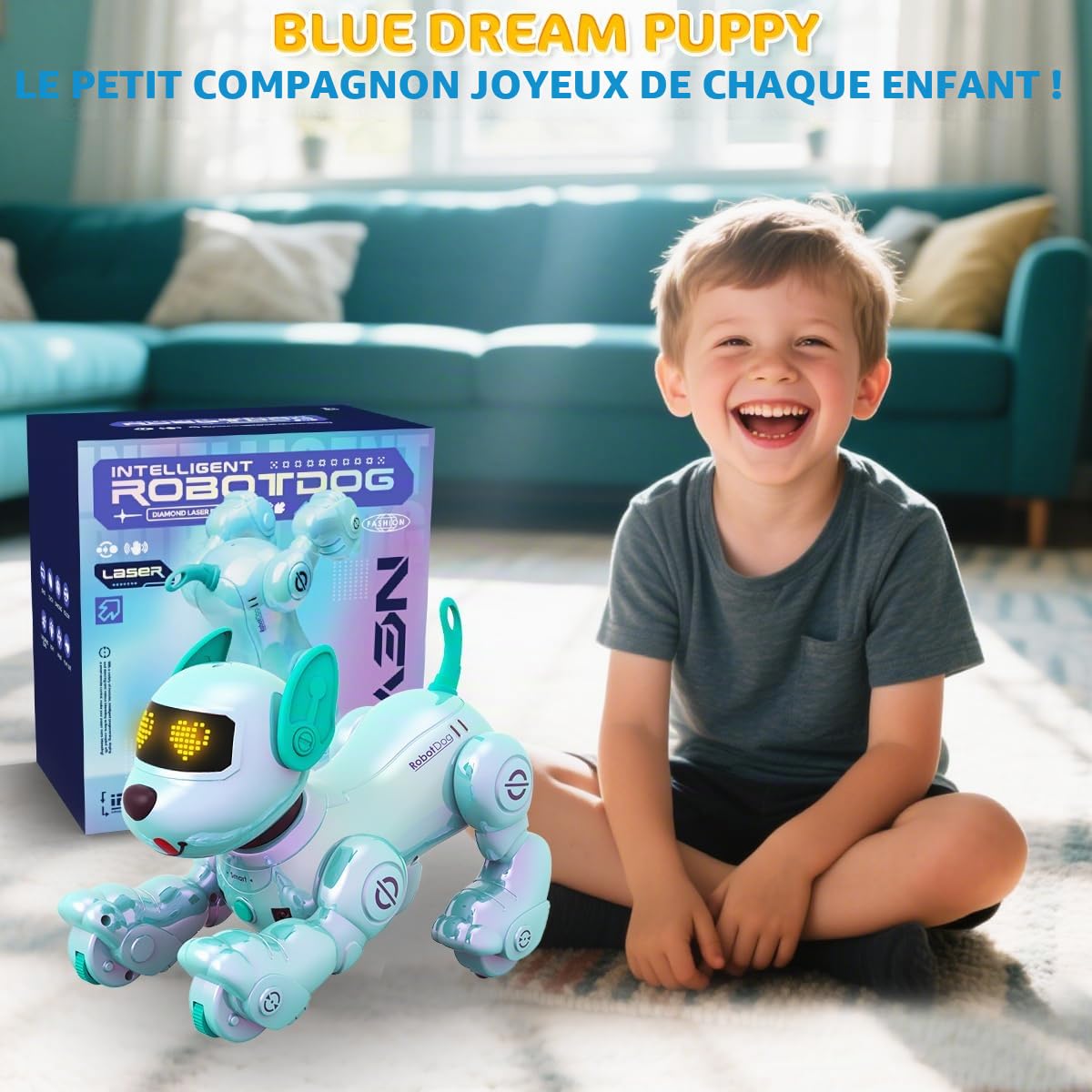 VATOS Chien Robot Rechargeable pour Enfants, Chien Robotisé Télécommandé, Programmable, 17 Fonctions Interactives et Volume Réglable, Jouet Robot Chiot Chantant et Dansant Cadeau pour Enfants, Blue
