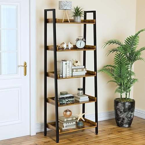ASTARTH Ladder Shelf-5 Tier Bookshelves w/Open Shelf for Storage, Industrial Bookshelf & Tall Ladder Shelf-Metal Frame for Bedroom, Living Room, Kitchen-67.3'' H, Easy Assembly, Rustic Brown (HD021)