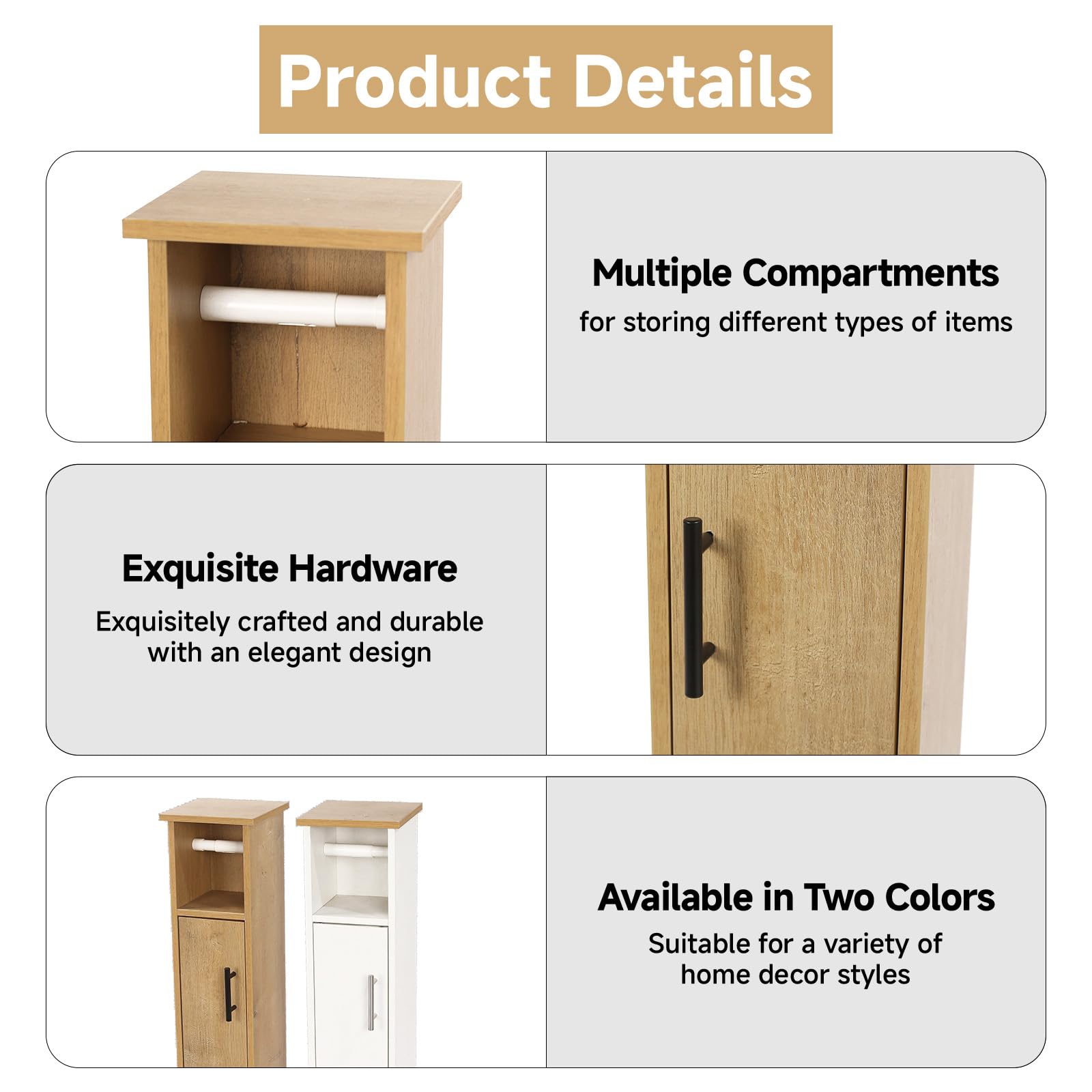 XZ-23014 Armario de Baño Alto y Estrecho con Compartimentos – Mueble Organizador para Papel Higiénico – Columna de Almacenaje 76,5 cm – Puerta con Manija Metálica – Color Roble