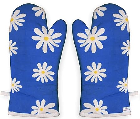 Heart Home Flower Design Heat Resistant Cotton Kitchen Oven Mitt Microwave Glove Set, Non-Slip Grip and Hanging Loop for Kitchen, Cooking, Baking, Set of 2 (Blue), Standard (HS_37_HEARTH020604)