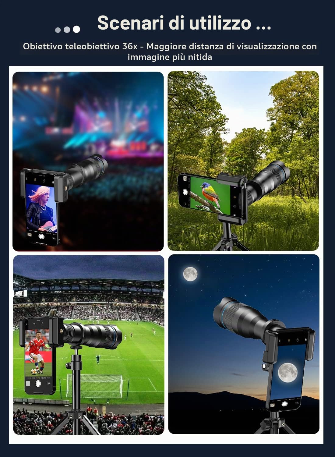 Apexel Teleobiettivo HD 36X per smartphone, obiettivo cellulare con treppiede per iPhone, Samsung Huawei e la maggior parte degli smartphone